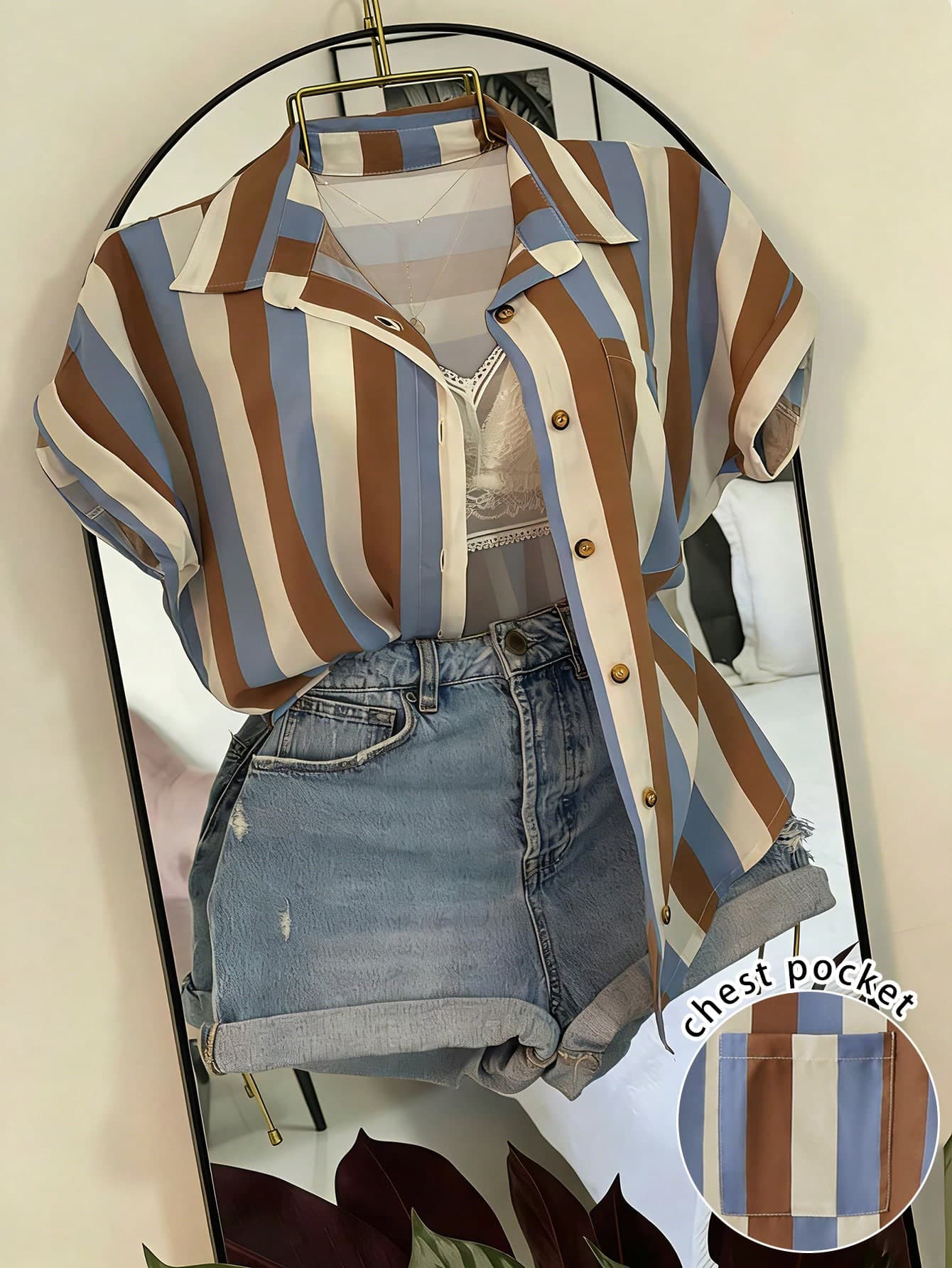 EMERY ROSE Striped Pocket Casual Vacation Front Button Short Sleeve Shirt
