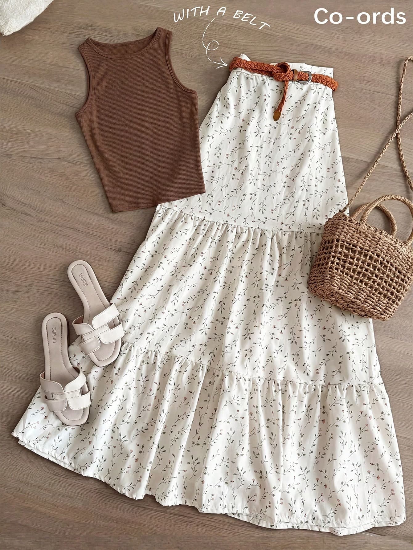 Franclia Women's Casual Versatile Round Neck Tank Top And Fashionable Floral Ruffle Hem Skirt 2-Piece Set