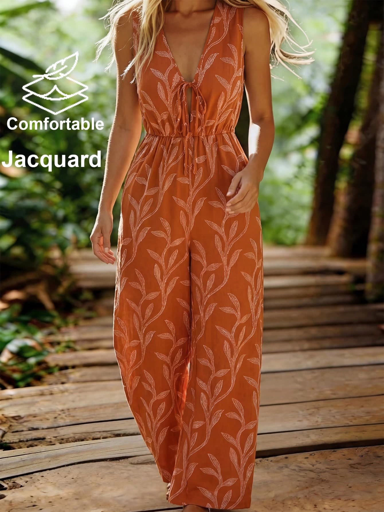 EMERY ROSE Women's Summer Leaf Jacquard Deep V-Neck Tie Waist Sleeveless Jumpsuit,Orange Boho Beach Holiday Resort Vacation Outfits,Festival Party Outfits Sets