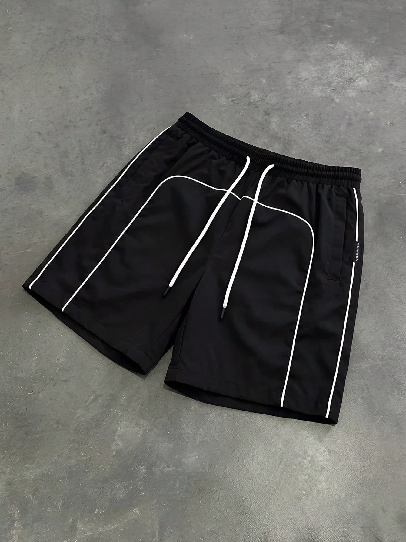 SUMWON Black Shorts With White Contrast Piping Regular Fit Drawstring Waistband Summer Casual Training Bermuda Style Comfortable Elastic Waist Shorts