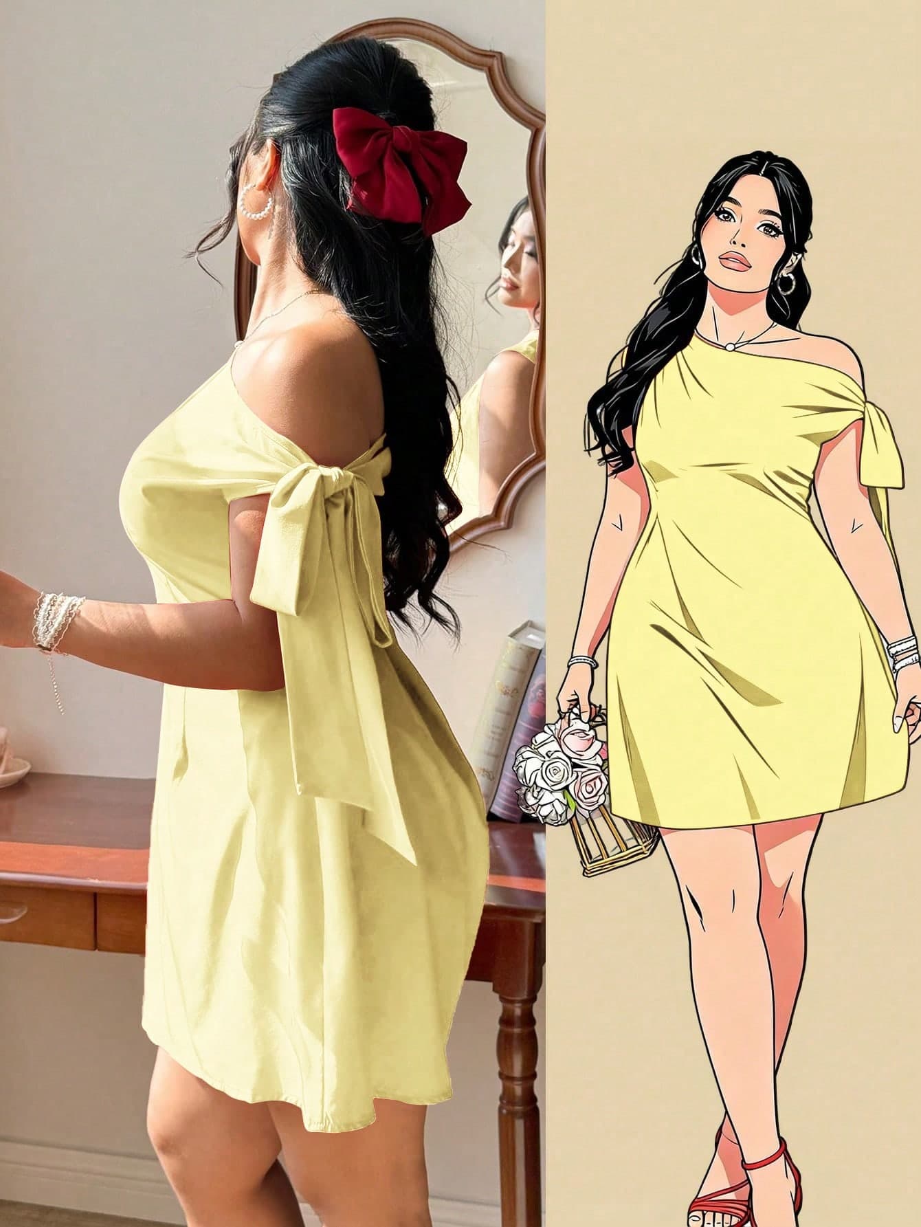 FleurLily Plus Size Women's Elegant Asymmetrical Shoulder Tie-Waist Dress