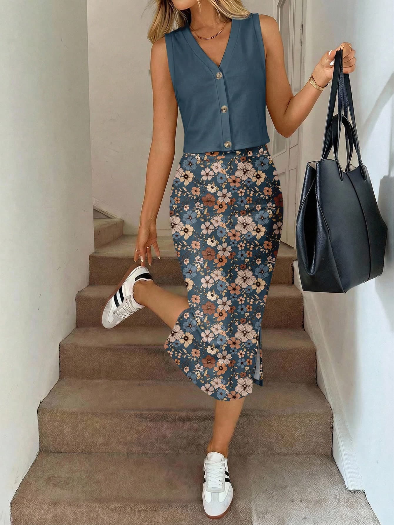 SHEIN LUNE Women's 2-Piece Set,Blue Floral Button Cardigan Vest And Skirt,Summer Casual Retro Ditsy Floral Vacation Outfits,Elegant Brunch Outing Clothing