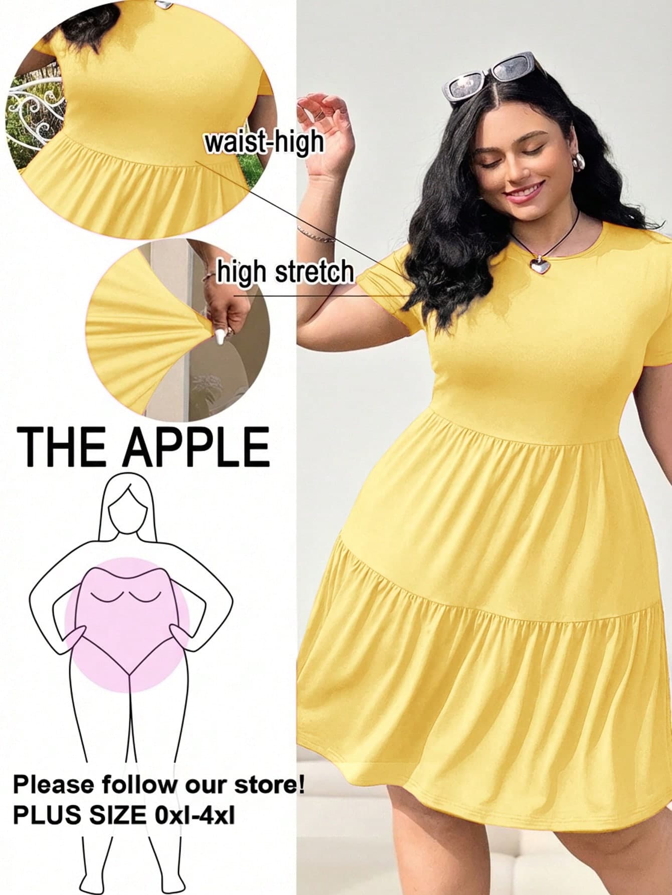 Solflare Plus Size Women Solid Color Round Neck Pleated Casual Minimalist Party & Outing Dress