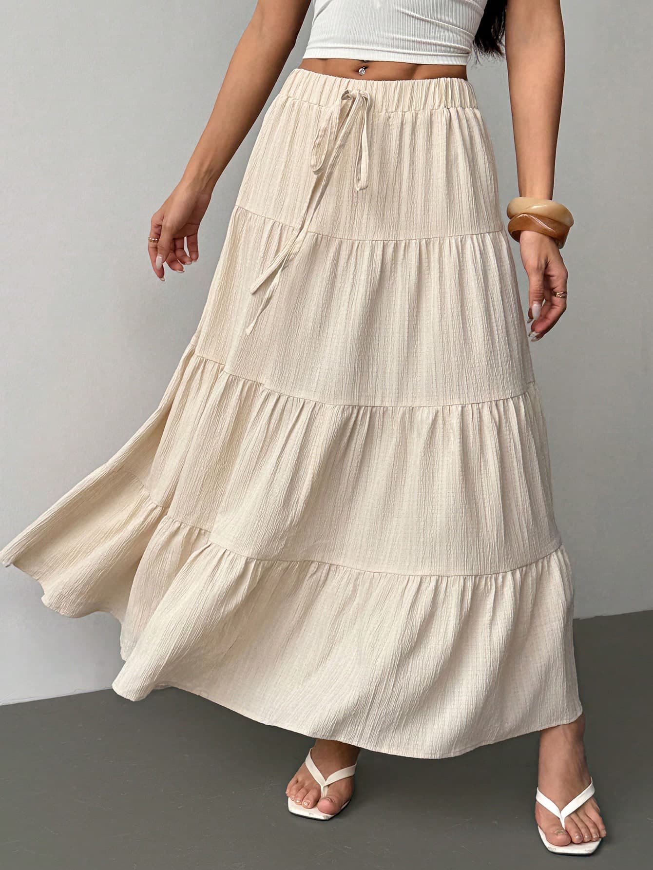SHEIN PETITE Women's Casual Vacation Multi-Layer Cake Skirt, Versatile Casual Elegant For Spring/Summer And Autumn/Winter, Suitable For Holidays And Dates ,Petite Women