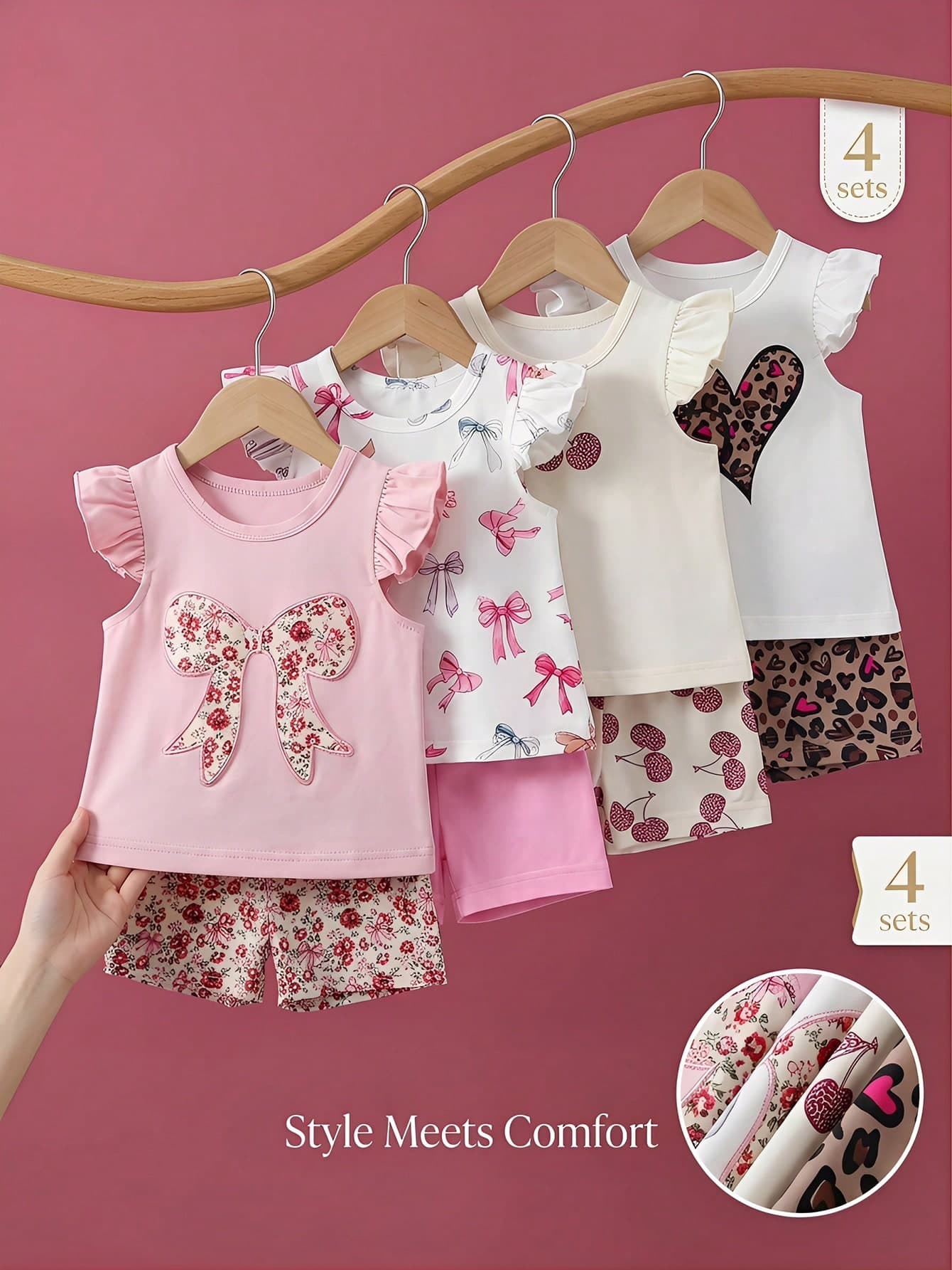SHEIN Playful Pals Baby Girls 4 Sets Pink Summer T-Shirt Shorts Outfits Heart Leopard Floral