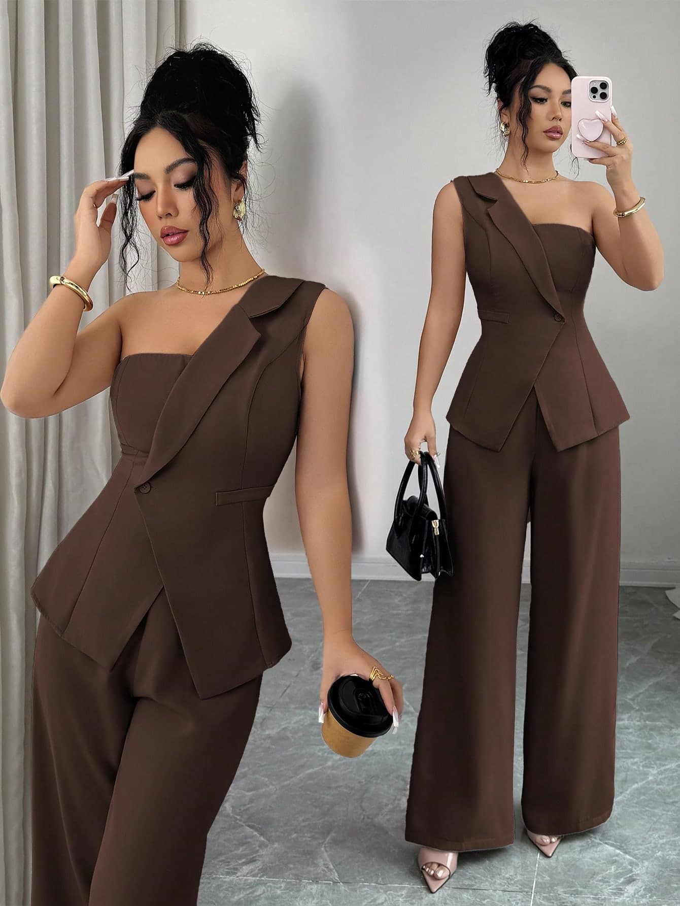 Elenzga Coffee Brown Elegant Silk-Like Satin High Neck Ruffle Camisole Top,Loose A-Line Backless Sleeveless Vintage Autumn,Dining,Office,Business