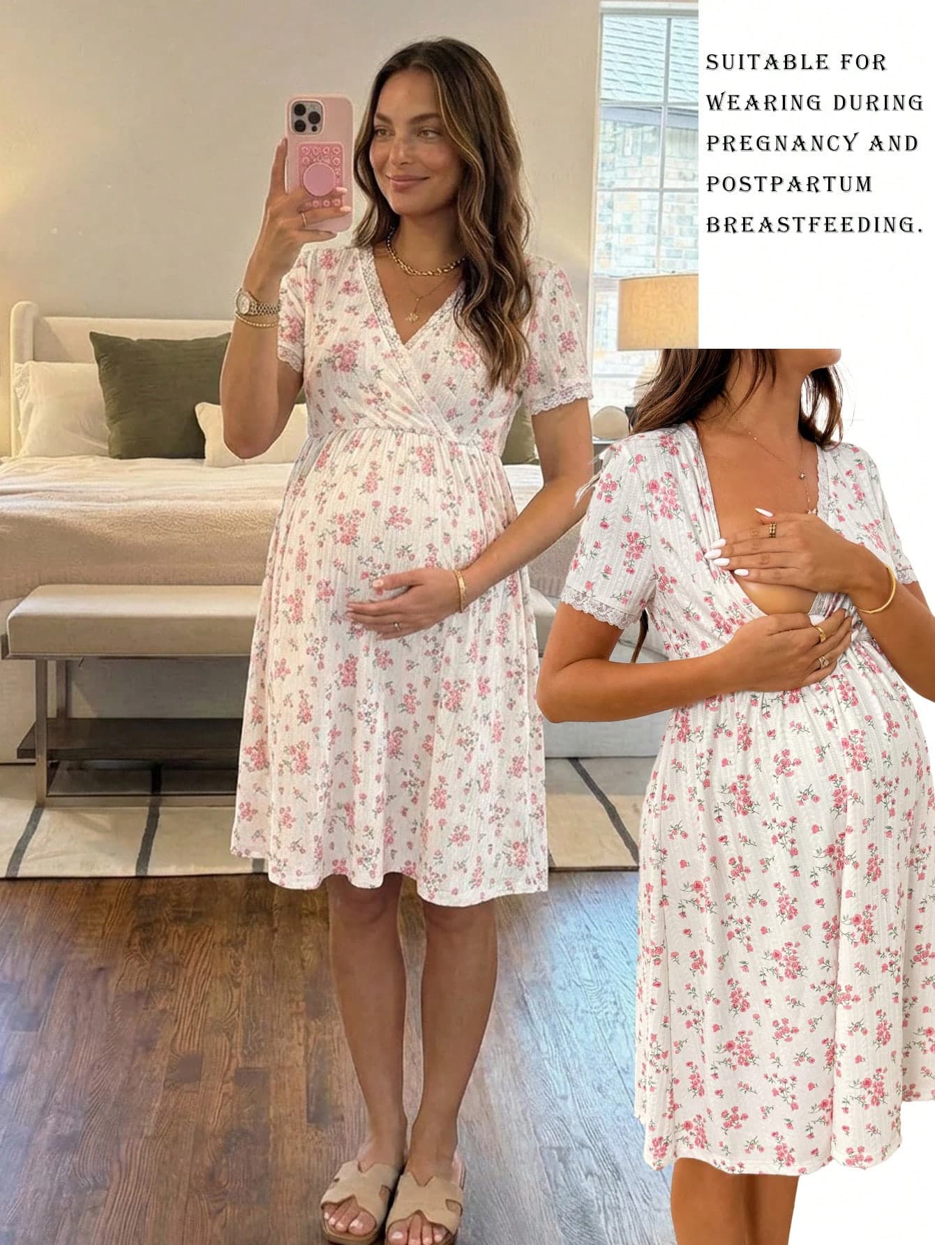 SHEIN Maternity Casual Ditsy Floral Nursing Dress For Summer,White Baby Shower Postpartum Breastfeeding Dresses,Bump Friendly Loungewear Nightgown Pajama