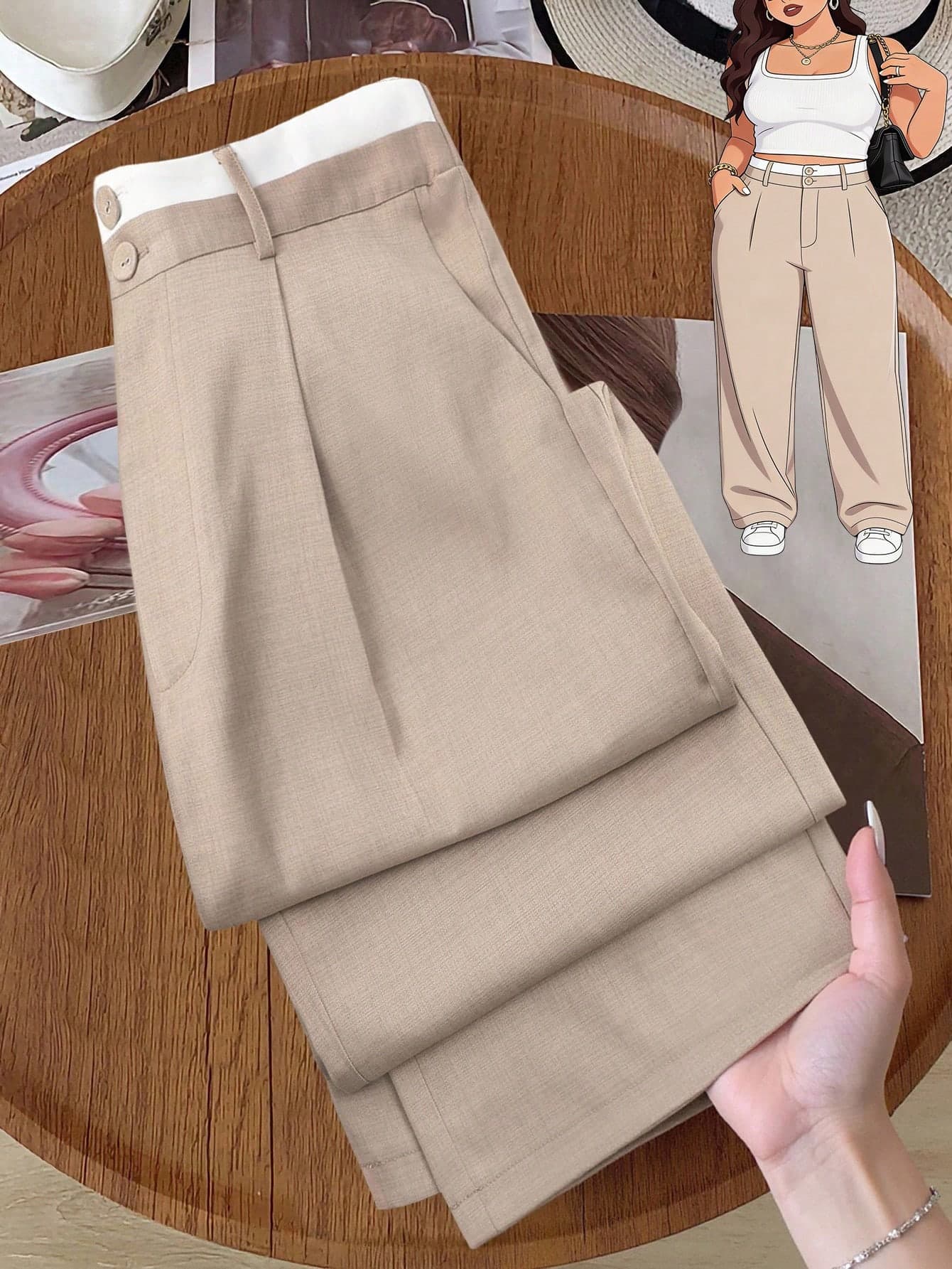 GlowEve CURVE Plus Size Women Contrast Color Waistband Straight Leg Casual Pants Fall Cloth For Women