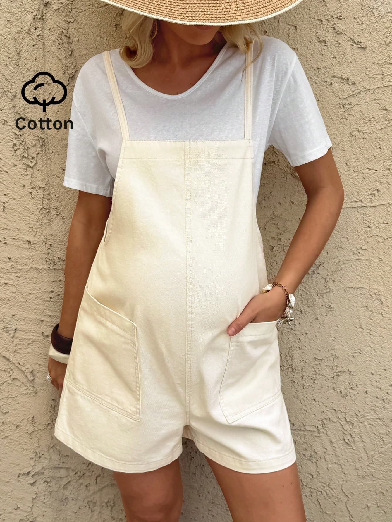SHEIN Maternity Pocket Design Casual Denim Overalls Shorts