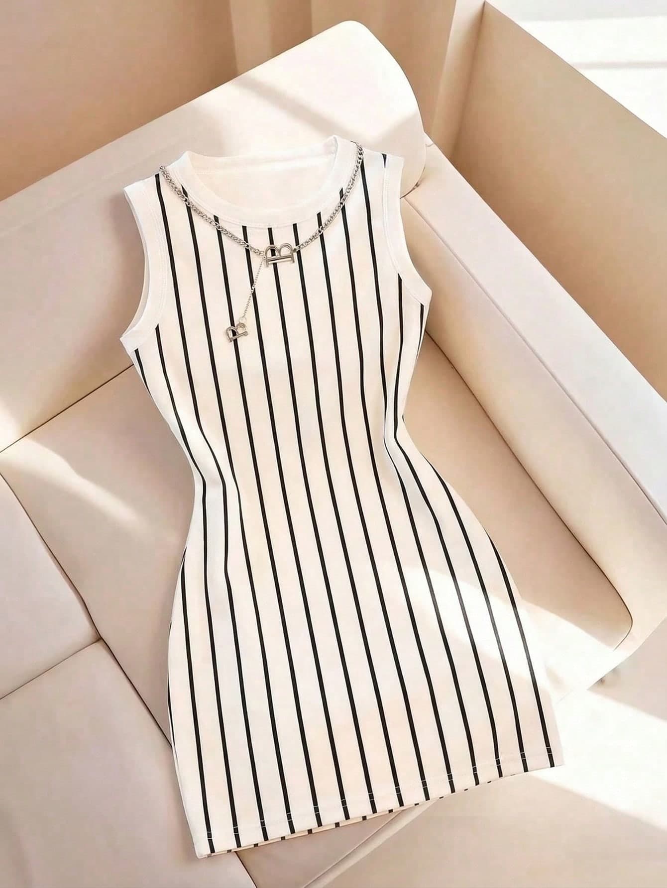 SHEIN LUNE Women's Elegant Black And White Striped Summer Casual Dress, Sleeveless Fitted Bodycon Mini Dress For Brunch Everyday Occasion, High Quality