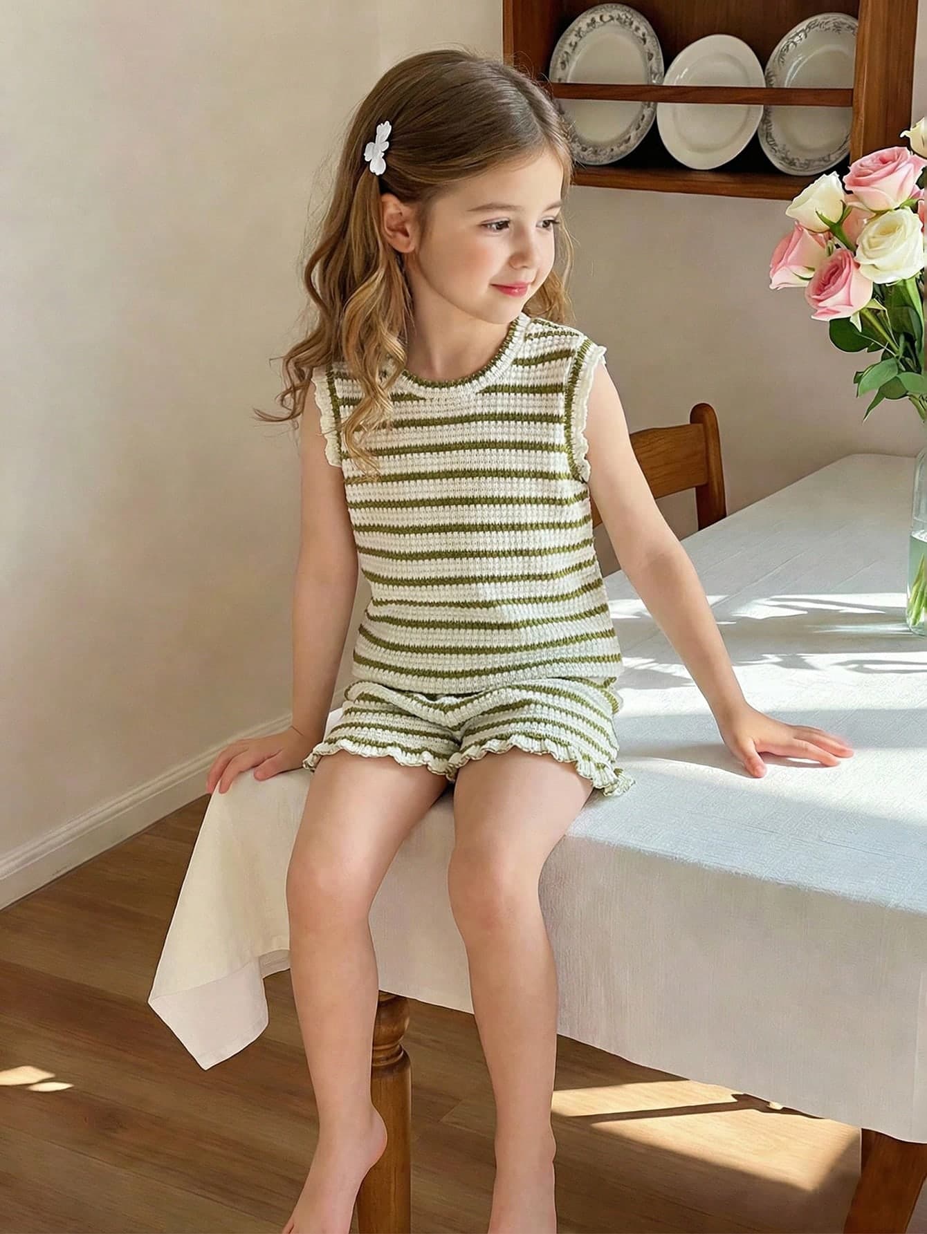 SHEIN Vintaside Kids 2pcs Girls' Summer Sleeveless Set,Family Matching Floral&Plaid Soft Comfortable Home Outdoor Wear,Fuchsia Top+Shorts Loose Fit Casual Cartoon Outfit