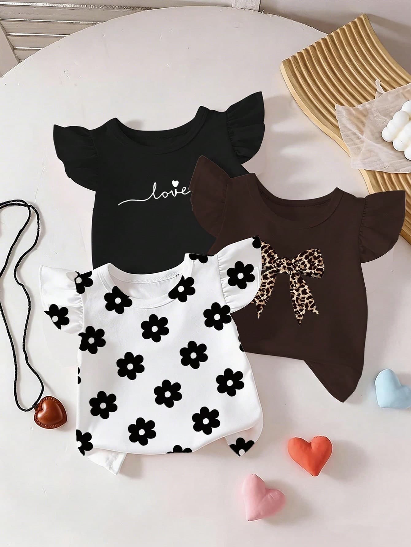 Bohemian Ditsy Floral, Gentle Purple Striped, 3D Bow Pattern, Young Girl Casual Simple Versatile Round Neck Cap Sleeve T-Shirt 1pc Suitable For Spring