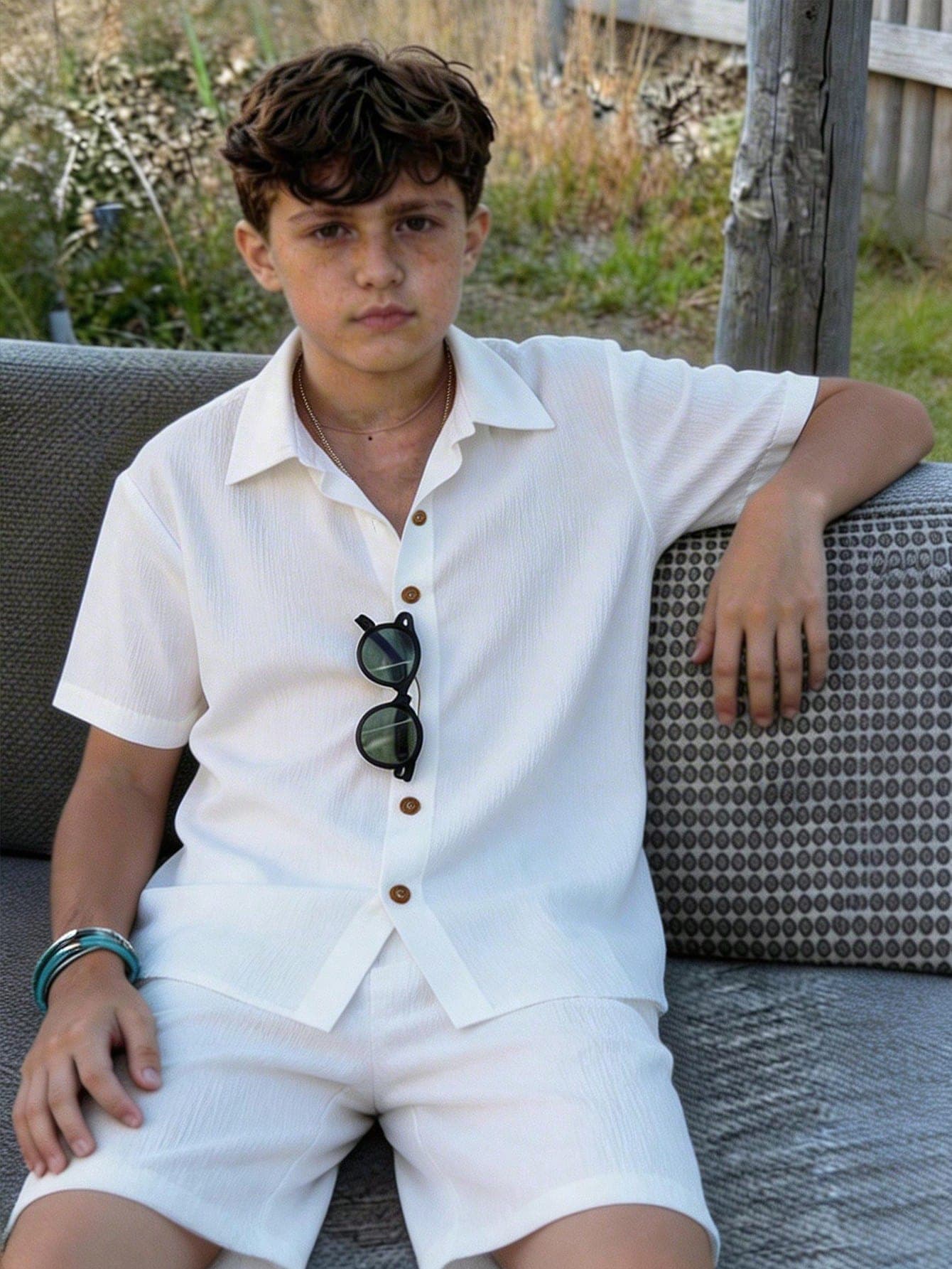 SHEIN Teen Boy 2pcs Textured Short Sleeve Shirt And Shorts Set,Casual White Outfits For Summer,Beach,Vacation,Holiday,Daily Wear,School,Parties,Festivals