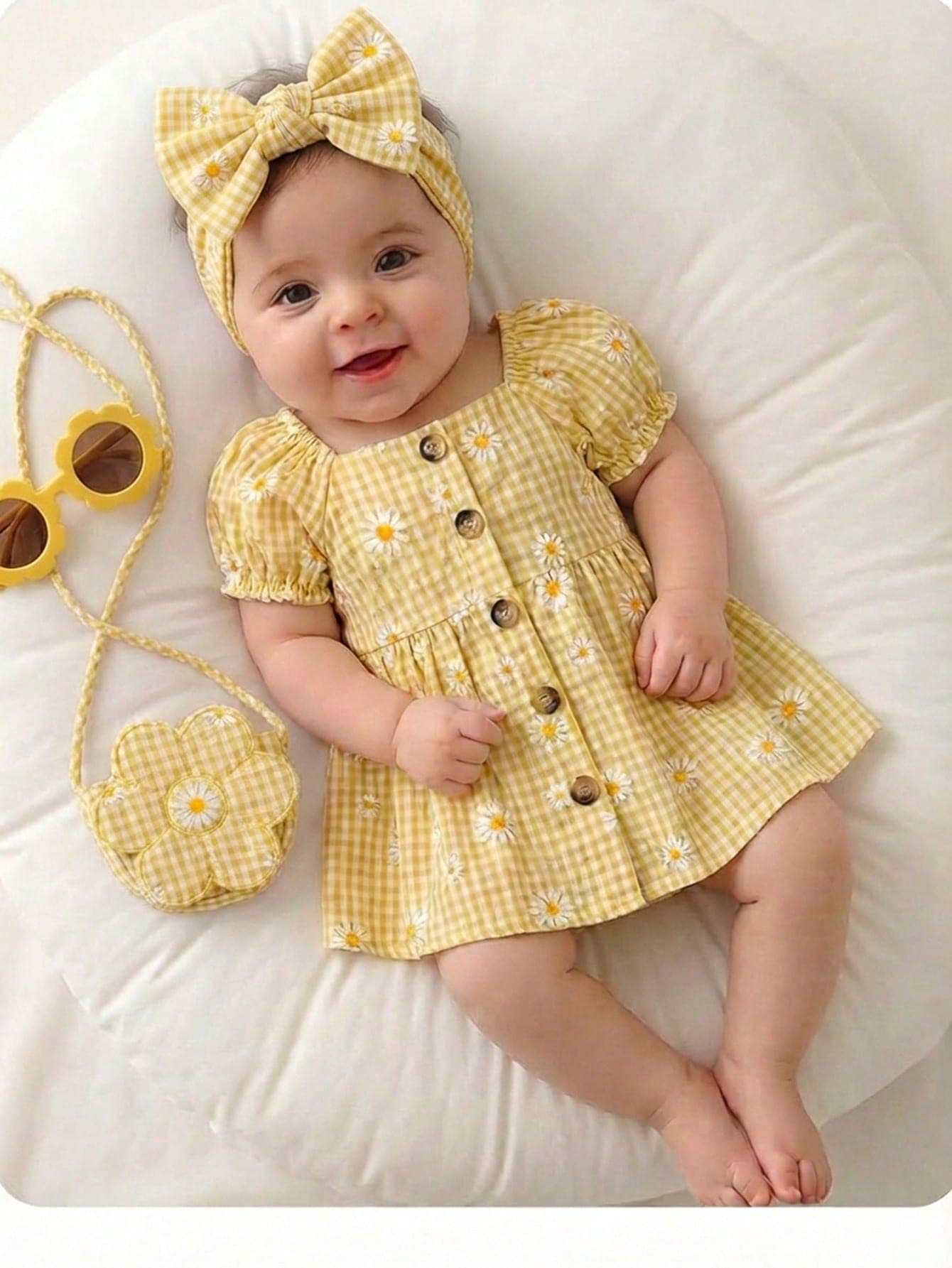 1-Piece Newborn Summer Cute Vacation Floral Pattern Bubble Short-Sleeve Square Neck Dress 1 Month Baby Girl Yellow Outfits For New Born Daisy Clothes