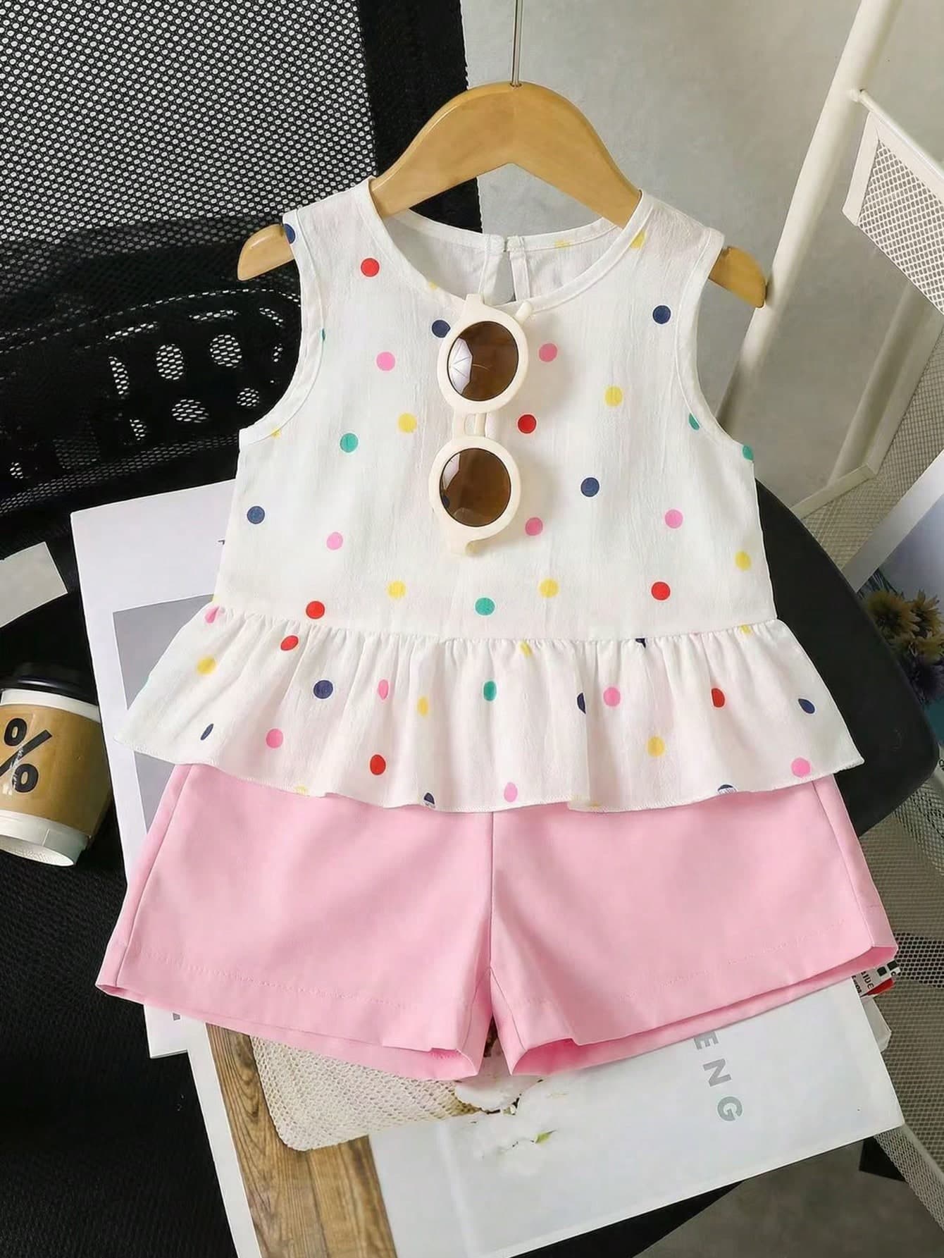 Young Girl Polka Dot Round Neck Ruffle T-Shirt And Shorts Casual Daily Outfit