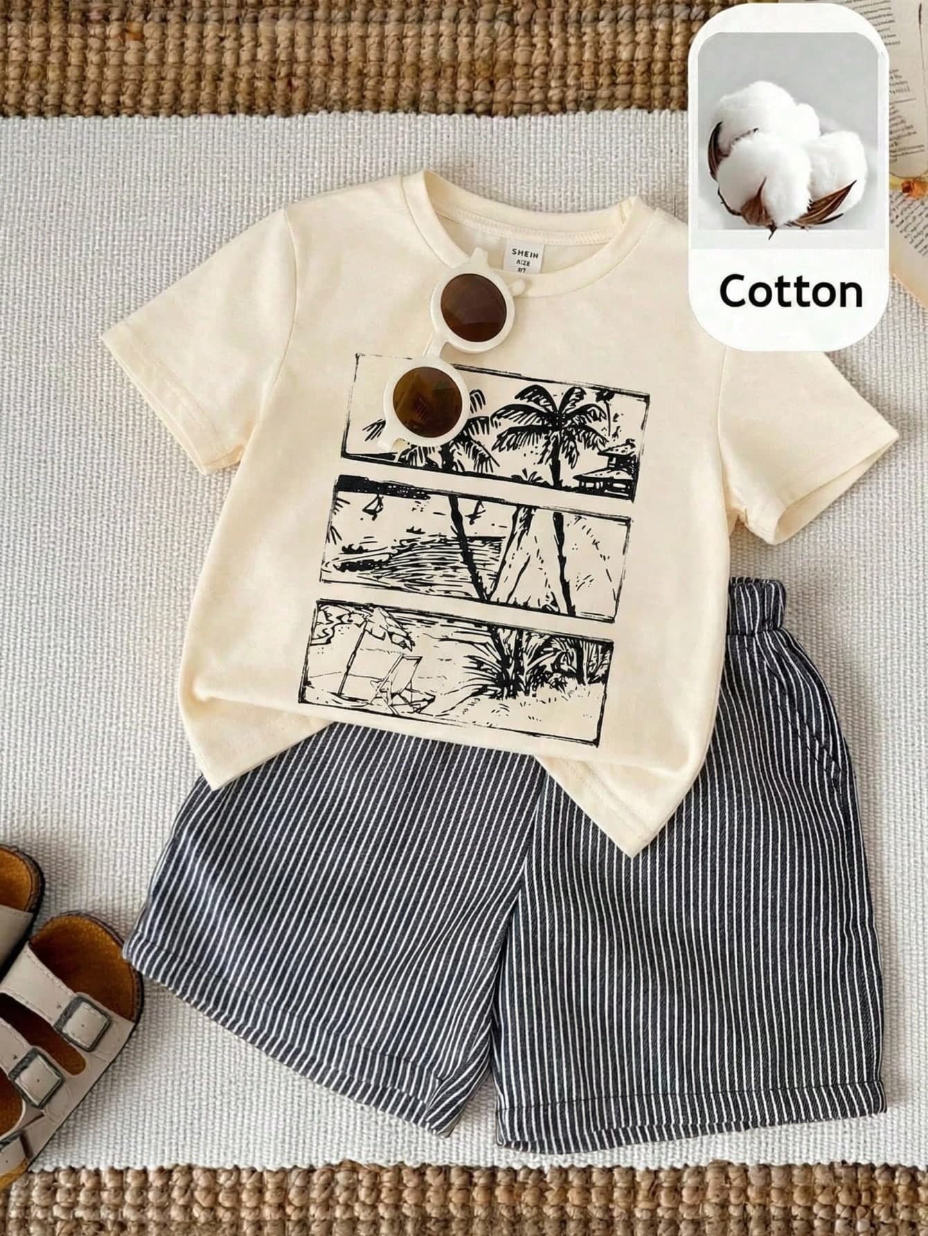 SHEIN Young Boy Short Sleeve T-Shirt,Coconut Tree Print Graphic Tee For Summer,Matching Family Vacation Holiday School Casual Kids Boy Summer Top
