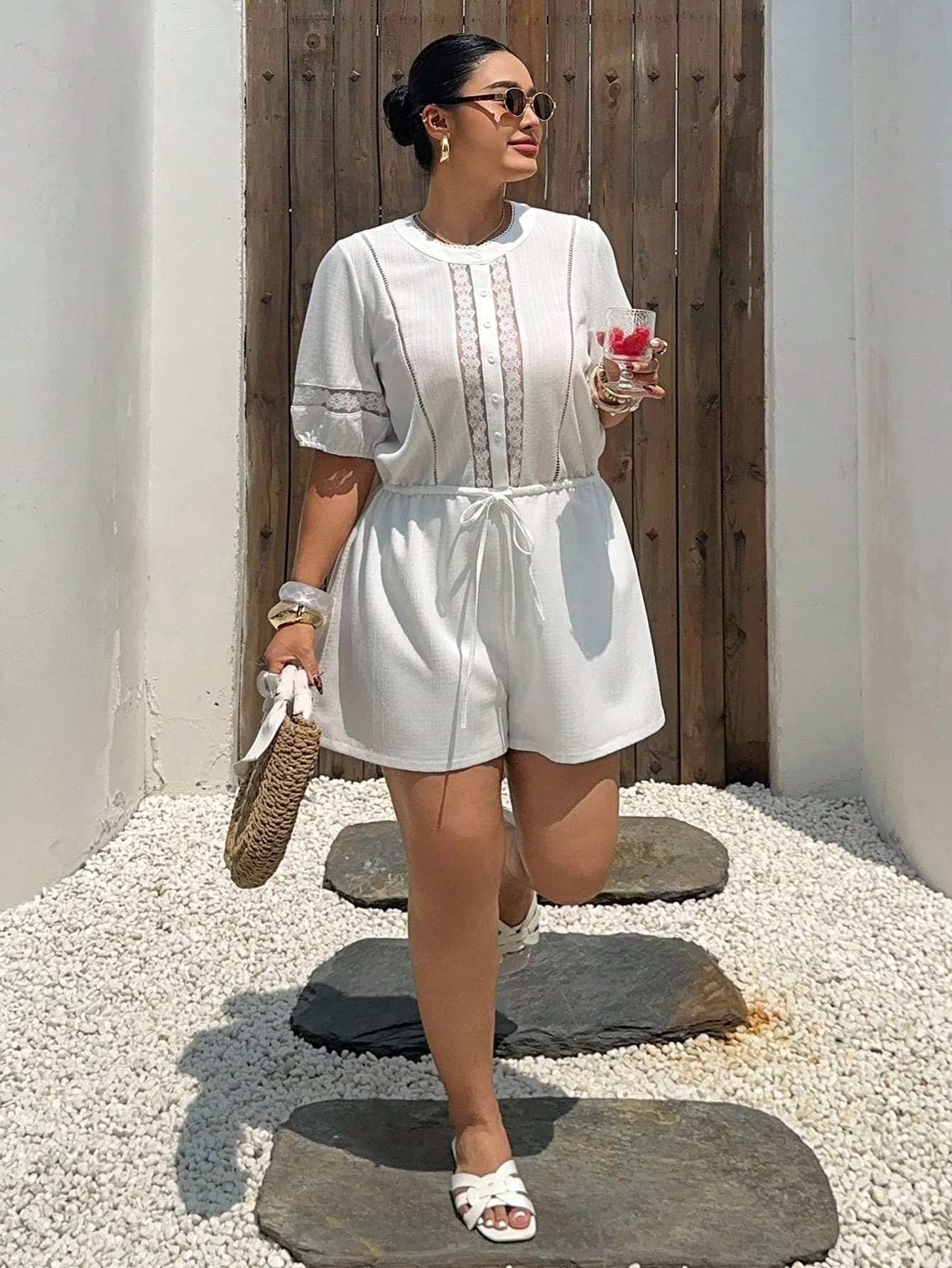 Dazy Plus White Lace Patchwork Hollow Out Drawstring Waist Short Sleeve Jumpsuit Rompers Plus Size Silky Smart Casual Summer Vacation Holiday Lounge Sets Brunch