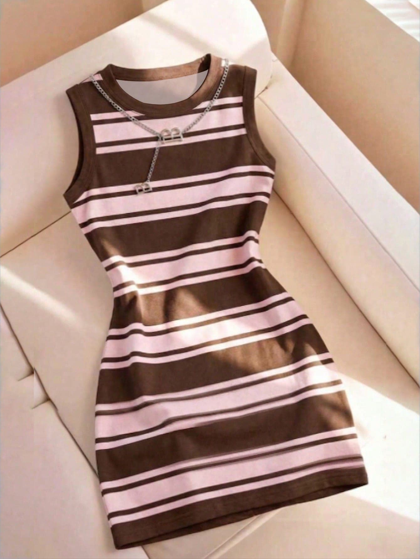 SHEIN LUNE Women's Casual Colorblock Brown Striped Sleeveless Round Neck Dress,Summer Mini Bodycon A-Line Dress For Occasion And City Break New Arrival Night Out