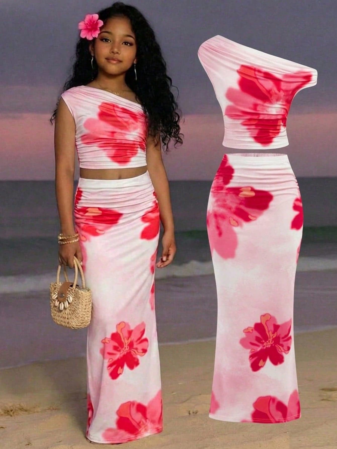 Tween Girl Casual Floral Print Asymmetrical Shoulder Top And Mini Skirt 2-Piece Set