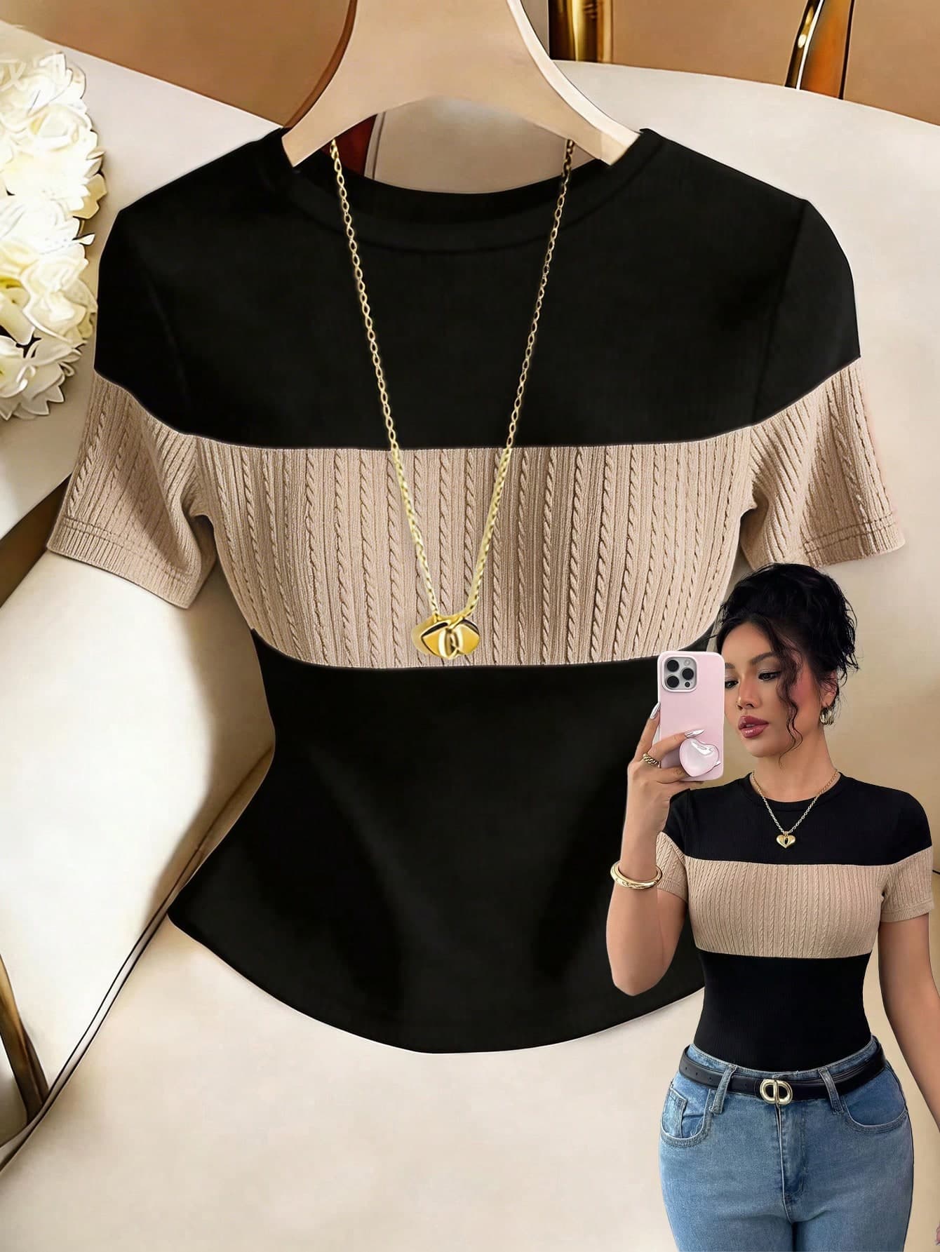 Franclia Women's Contrast Color Elegant Round Neck Short Sleeve Casual Knit T-Shirt, Ladies' Outdoor Top, Ladies' Commuting, Office Casual Top, Black Top, Ladies' Elegant Top, Summer Top