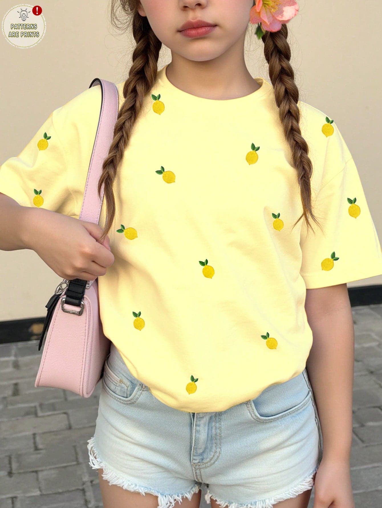 Tween Girl Casual Minimalist Polka Dot & Tropical Lemon Print Short Sleeve T-Shirt, Countryside Beach Vacation Style