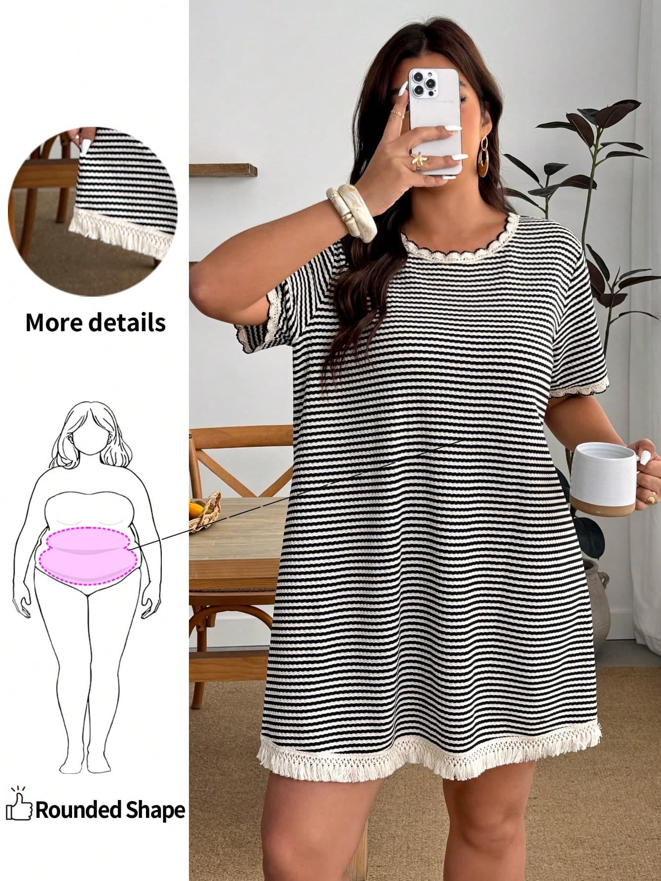 Enliva Plus-Size Women's Casual Striped Loose Round Neck T-Shirt Dress, A Versatile Summer Vacation Dress.