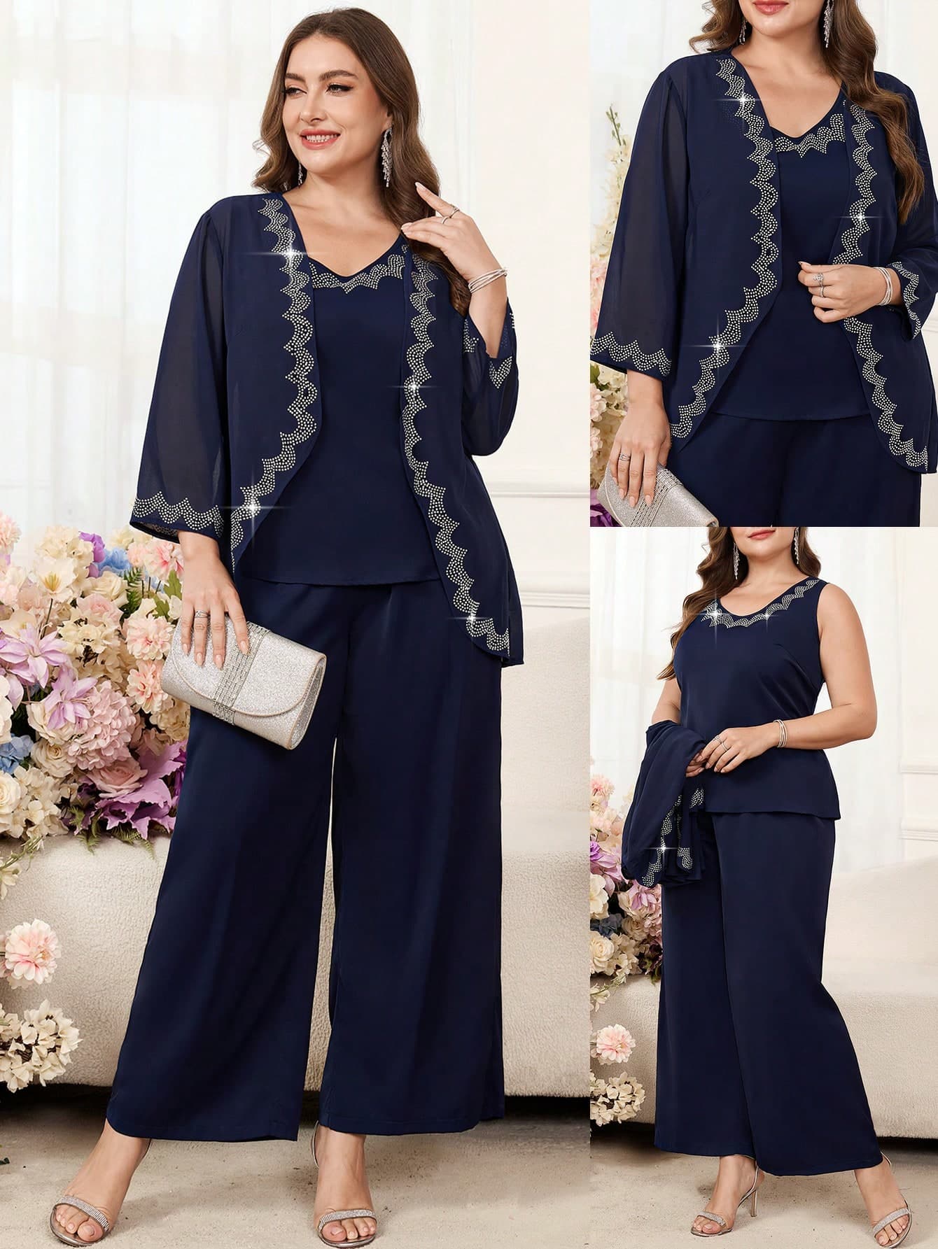 SHEIN Clasi Plus Size Women's Elegant Navy Blue 3-Piece Set,Rhinestone Sleeveless Top,Wide Leg Pants And Jacket Suits For Summer Graduation Formal Occasions