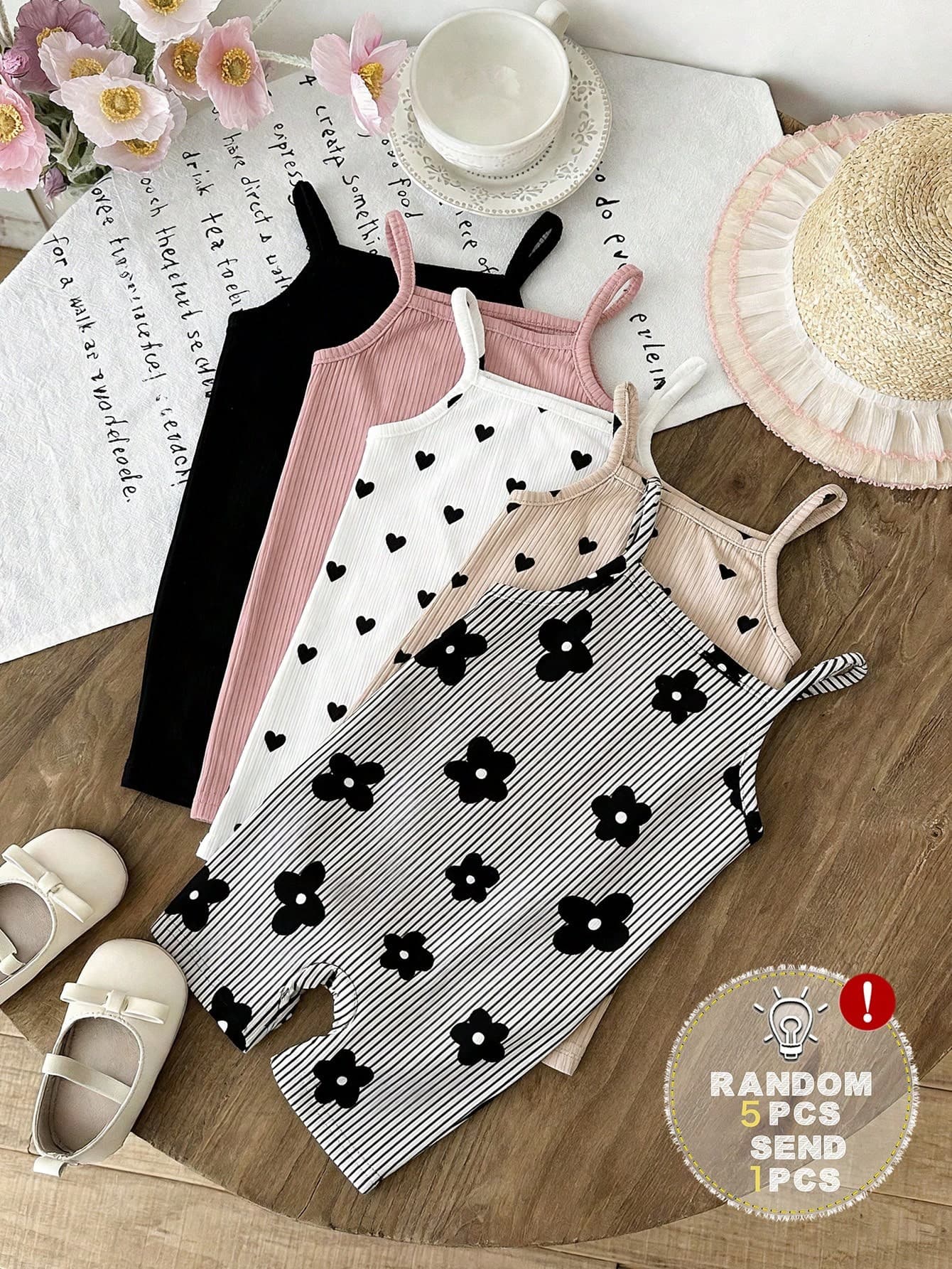 SHEIN LMoss Kids [Random 5pcs,Send 1pc] Baby Girl Casual Camisole Romper,Vintage Sweet Black & White Striped,Mini Floral Print,Cute Summer Vacation Outfits,Y2K Kawaii