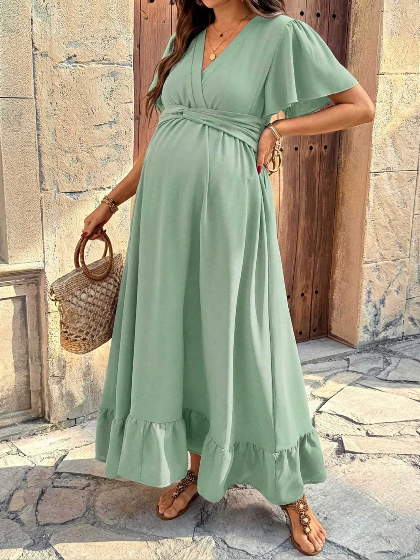 SHEIN Maternity Solid V-Neck Ruched Casual Minimalist Party & Outing Dress
