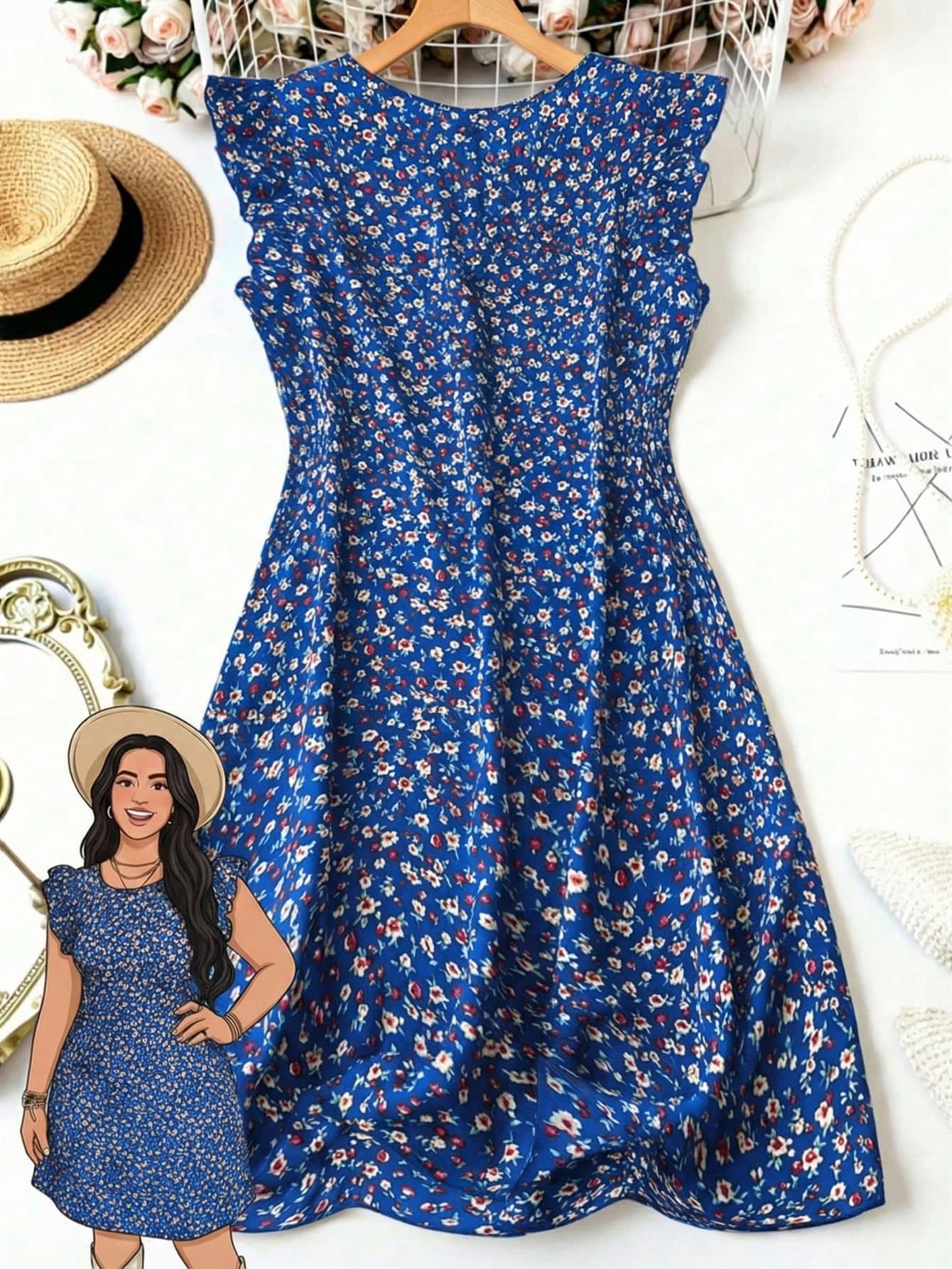 Rusticease Plus Size Women Ditsy Floral Round Neck Cap Sleeve Casual Dress