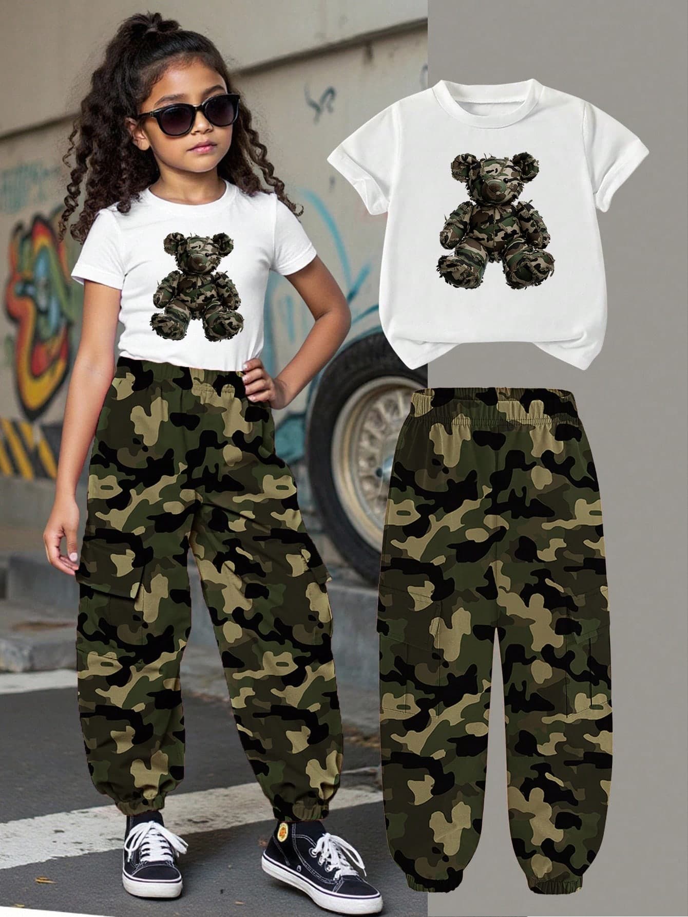 SHEIN Young Girl Sweet Camouflage Bear Print T-Shirt & Cargo Pants Set,Summer Casual Streetwear Outfit For Kids,Round Neck Short Sleeve Lightweight Gifts