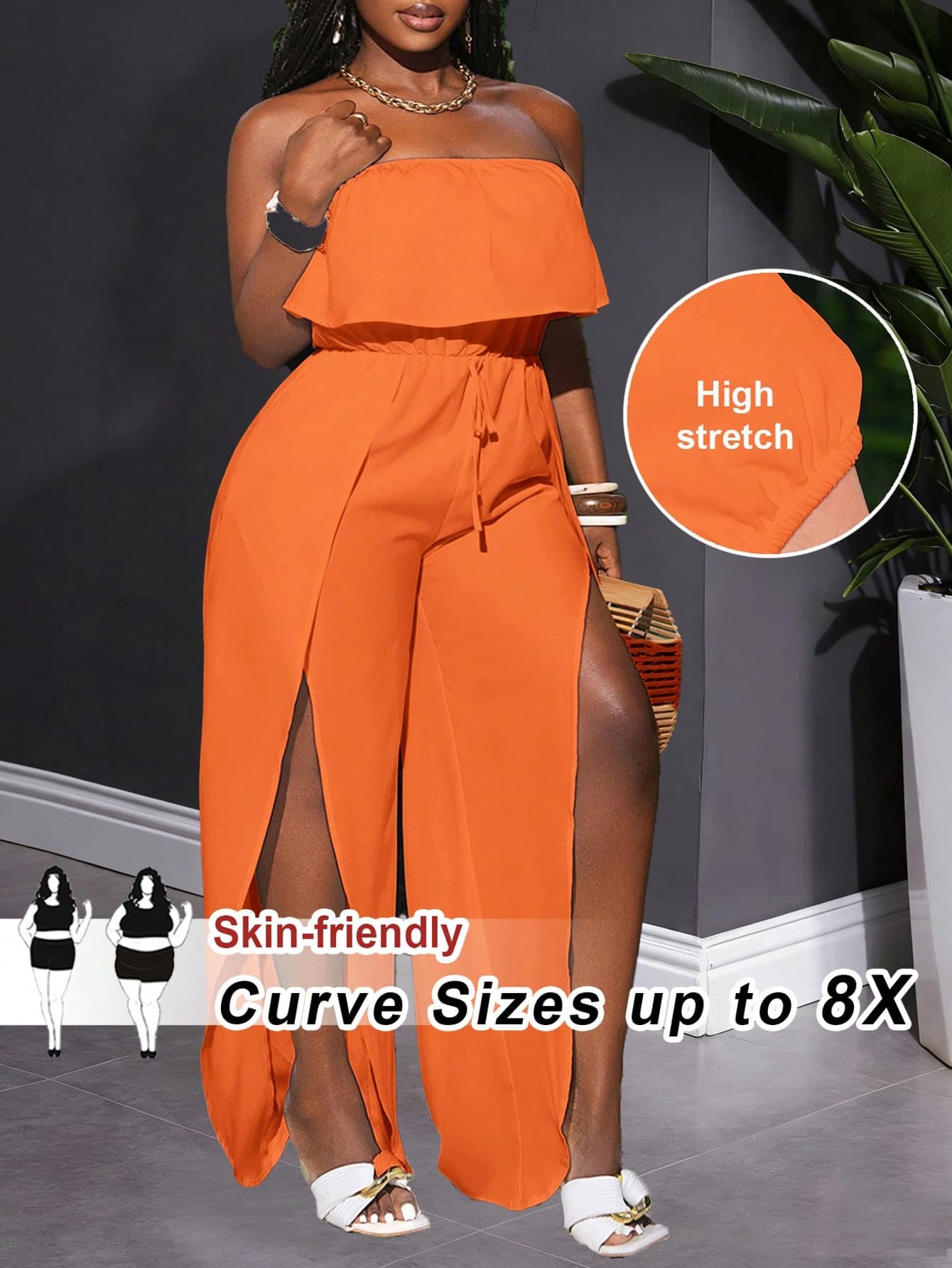 SHEIN CURVE+ Plus Size Women Solid Color Strapless Slit Design Casual Sexy Jumpsuit Holiday Burnt Orange Summer