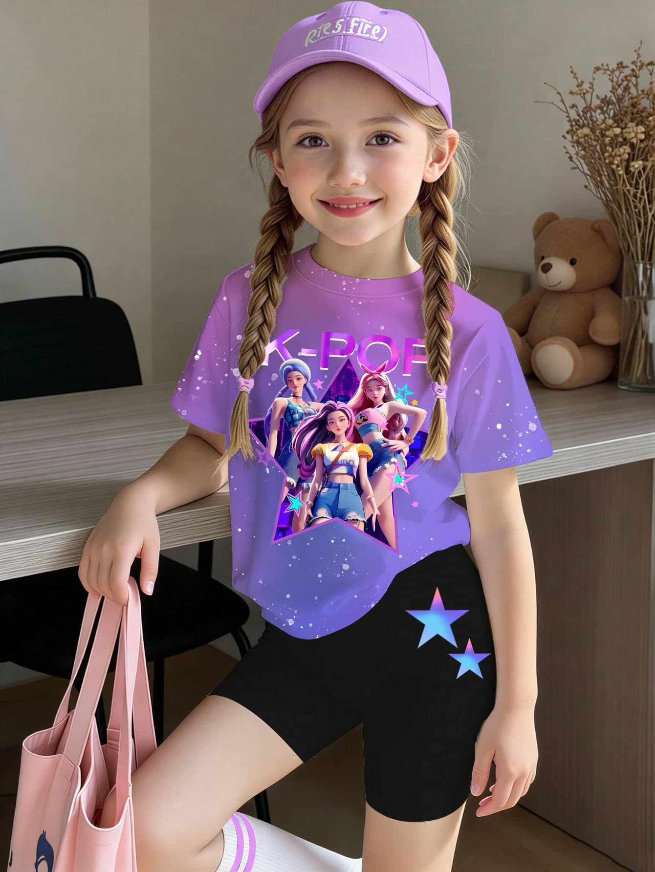 Young Girls Summer Purple Idol Star Graphic T-Shirt And Shorts Set, Cute Sweet Dopamine Casual Loose Soft Round Neck Short Sleeve Outfit For Holiday