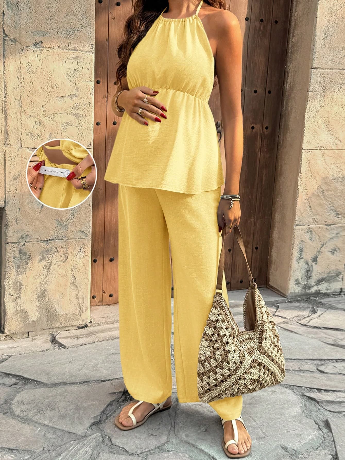 SHEIN Maternity Vacation Solid Color Halter Neck Tank Top And Adjustable Waist Loose Pants 2 Pieces Set