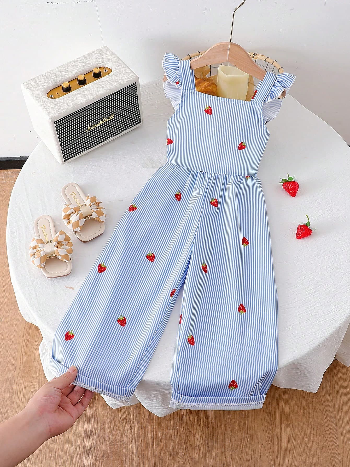 Genkimix Kids 1pc Young Girl'Vintage Blue Strawberry Striped All-Over Print Jumpsuit,Summer Matching Family Vacation Outfits,Slim-Fit Casual Outdoor Beach Trips