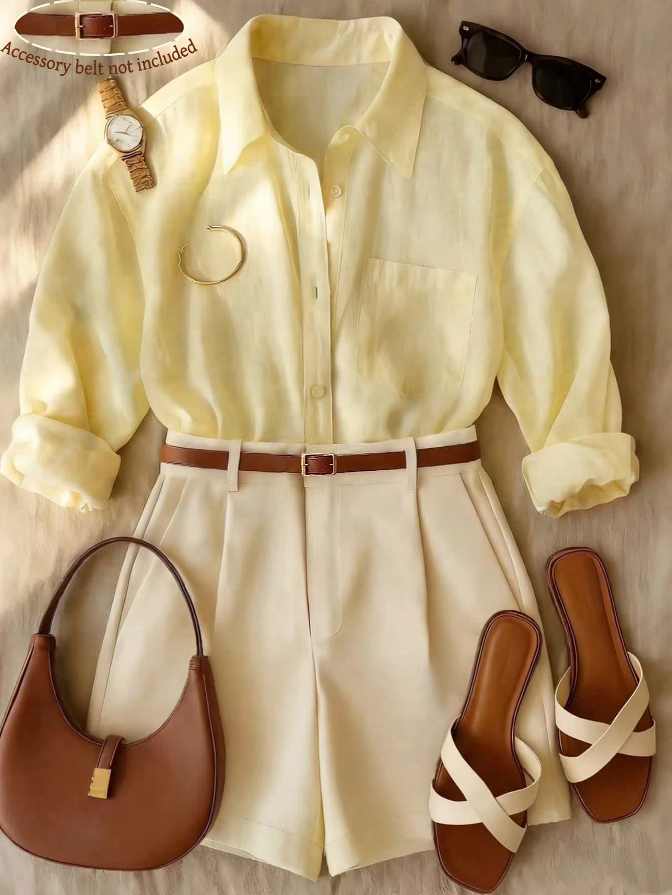 SHEIN Franclia Women's Chic Pale Yellow Button-Down Shirt & Shorts Two-Piece Set,Casual Summer Vacation Holiday Outfits,Elegant Drop-Shoulder Top & Versatile Shorts