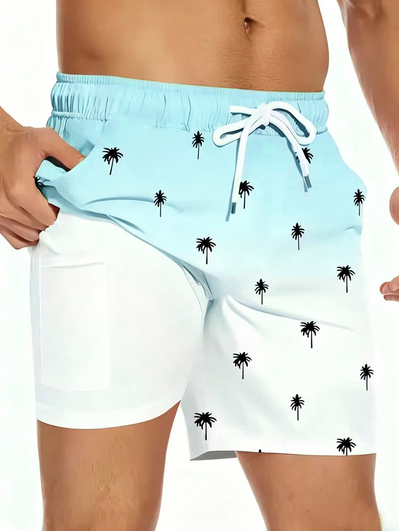 SHEIN Teen Boys' Green Ombre Palm Tree Print Double-Layer Swim Trunks,Summer,Vacation,Holiday,Soft Casual Fashionable Comfortable Beach Pool Surfing Shorts