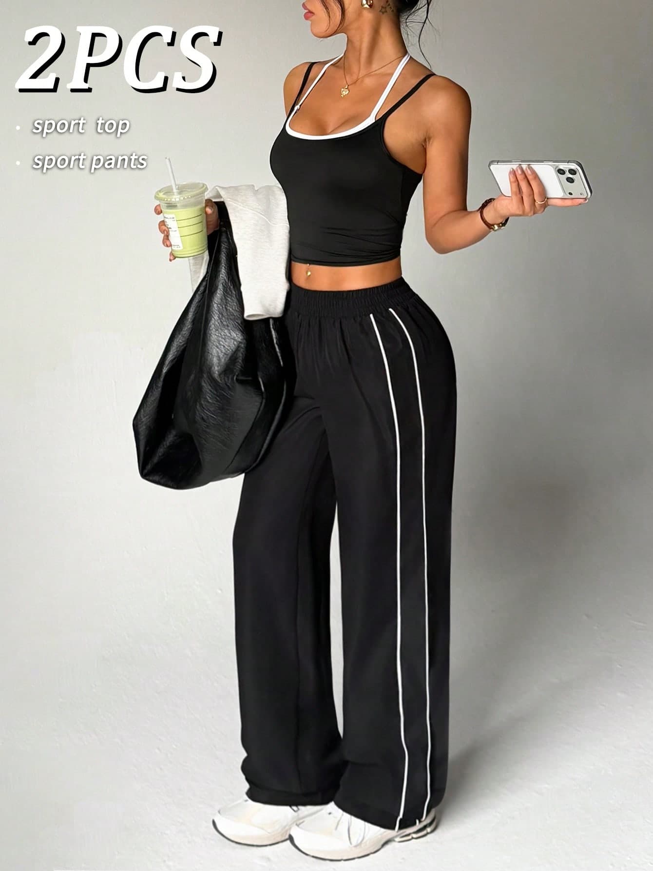 Dewbera Dewbera 2pcs Women's Sportwear Set,Black And White Contrast Color Sleeveless Tight Top & Straight Leg Pants,Summer Athleisure Casual Gym Running Yoga Workout