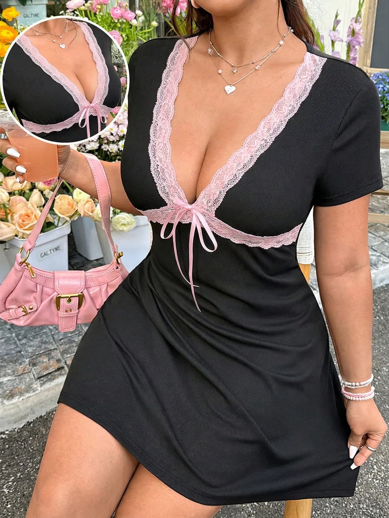 GalTyme Plus Size Elegant Contrast Color Lace Trim Dress, Summer