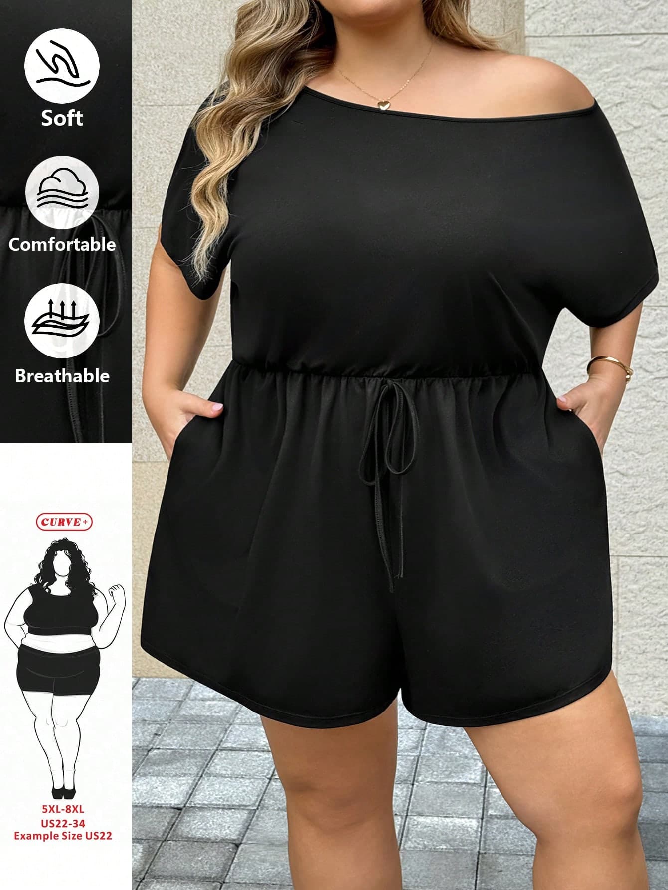 SHEIN CURVE+ Plus-Size Women's Dress, Summer Wear, Shorts, Cute Off-Shoulder Design, Women's Summer Set, Carnival Wear, Women's Vacation Set, Women's Casual Dress