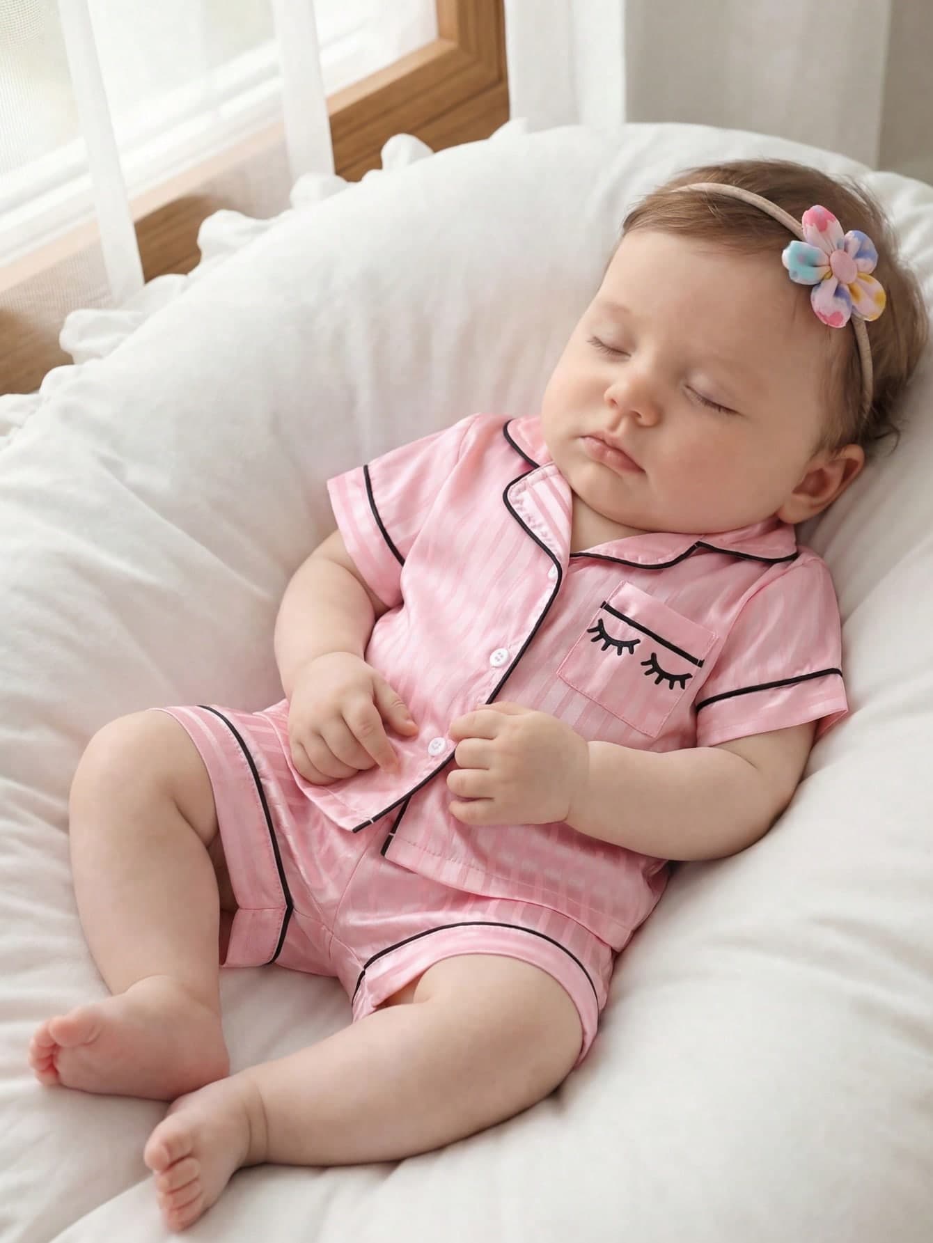 SHEIN 2-Piece Baby Girls Lapel Collar Short Sleeve Shorts,Summer Pink Stripe Pajamas Set With Cute Embroidery,Soft Satin Sleep Nightwear For Toddler