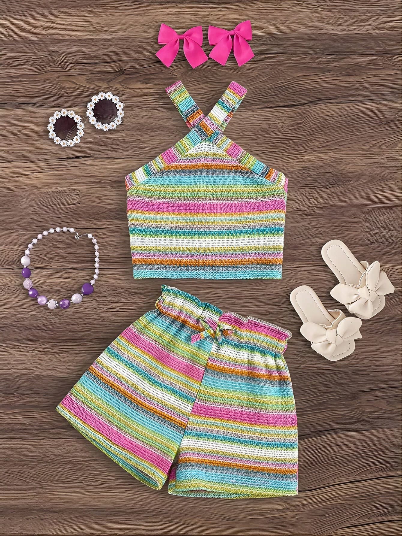 Emery Rose Kids Emery Rose Kids 2pcs Young Girl Knitted Solid Color Sleeveless Top And Shorts Set