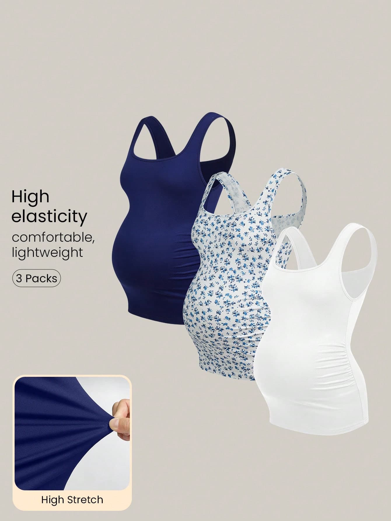 Modmama 3pcs Maternity Summer Casual Vacation & Commute Solid Color & Ditsy Floral Square Neck Fitted Camisole