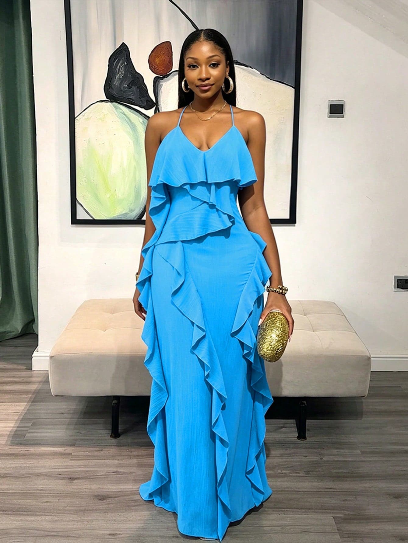 BamGleam Women's Casual Vacation Style Solid Color Ruffled Slim-Fit Suspender Dress, Summer-Green Multi-Layered Ruffled Dress