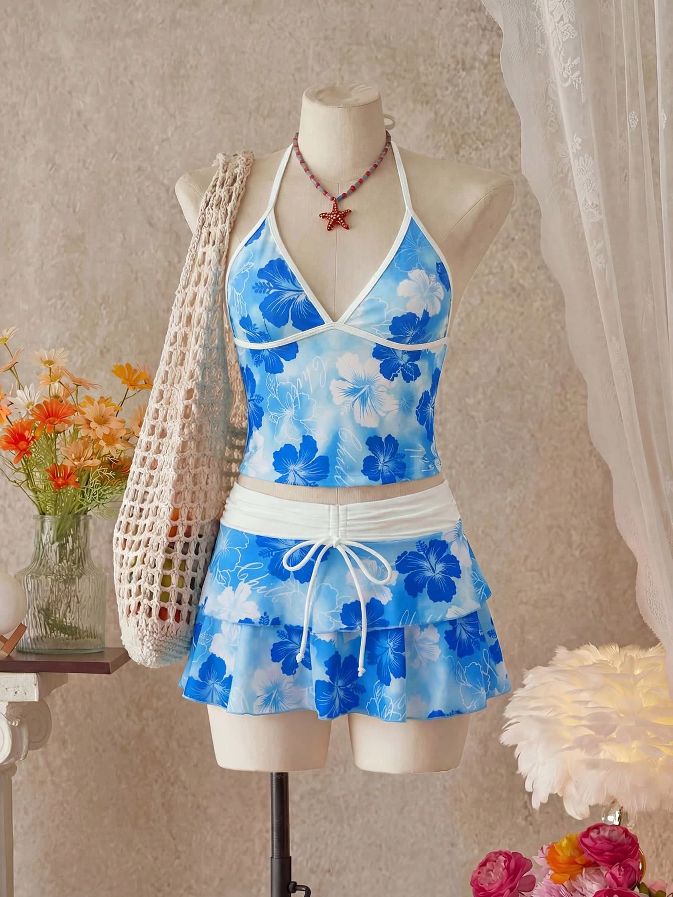 Bellisia Women's Spring/Summer Beach Music Festival Floral Print Colorblock Wrap Tie-Up Ruffle Hem Skirt Tunic 3-Piece Set