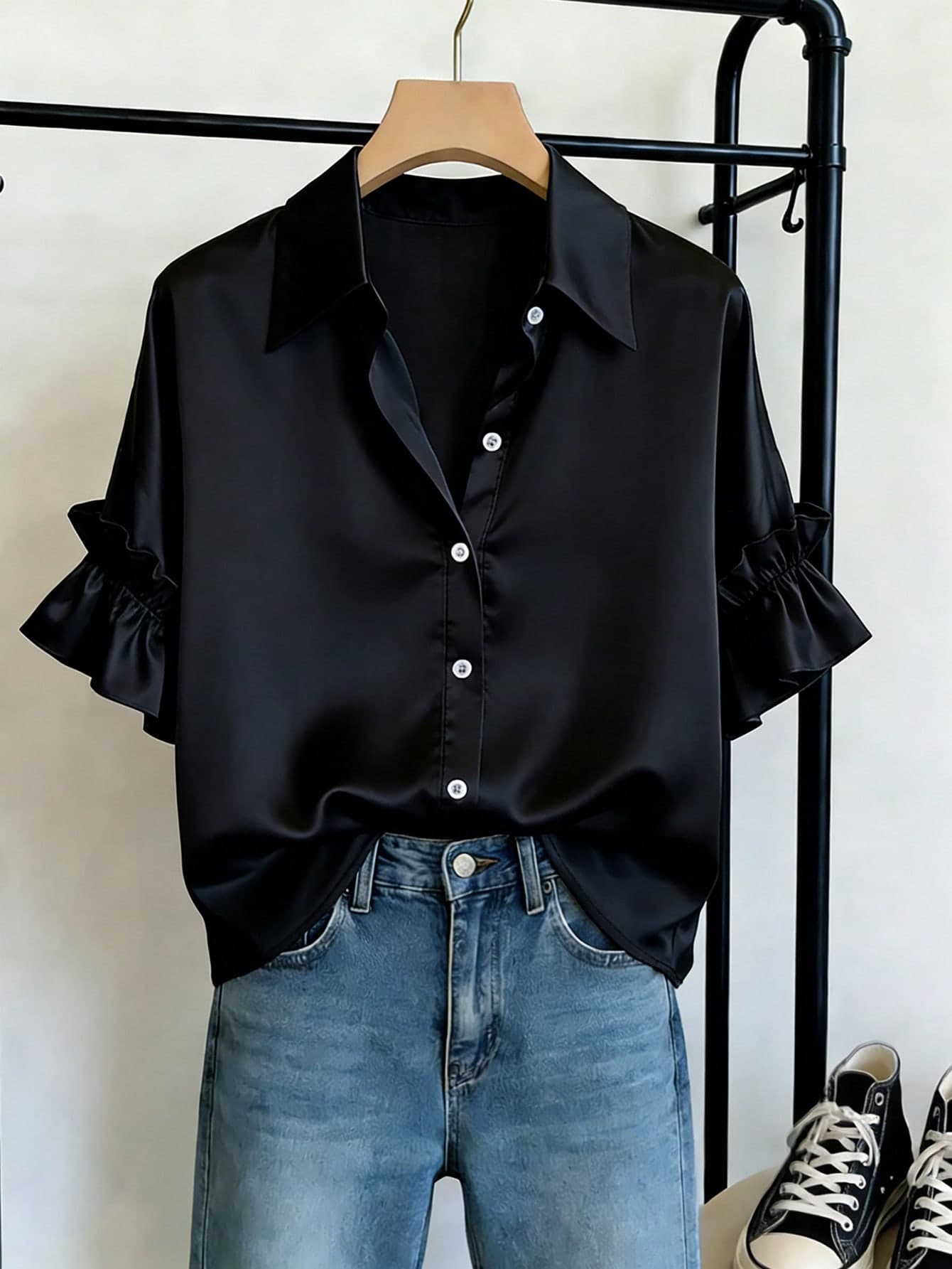Franclia Women's Black Satin Collared Single-Breasted Short Sleeve Shirt,French Ruffle Petal Sleeve Loose Flattering Blouse,Summer Casual Elegant Office Wear