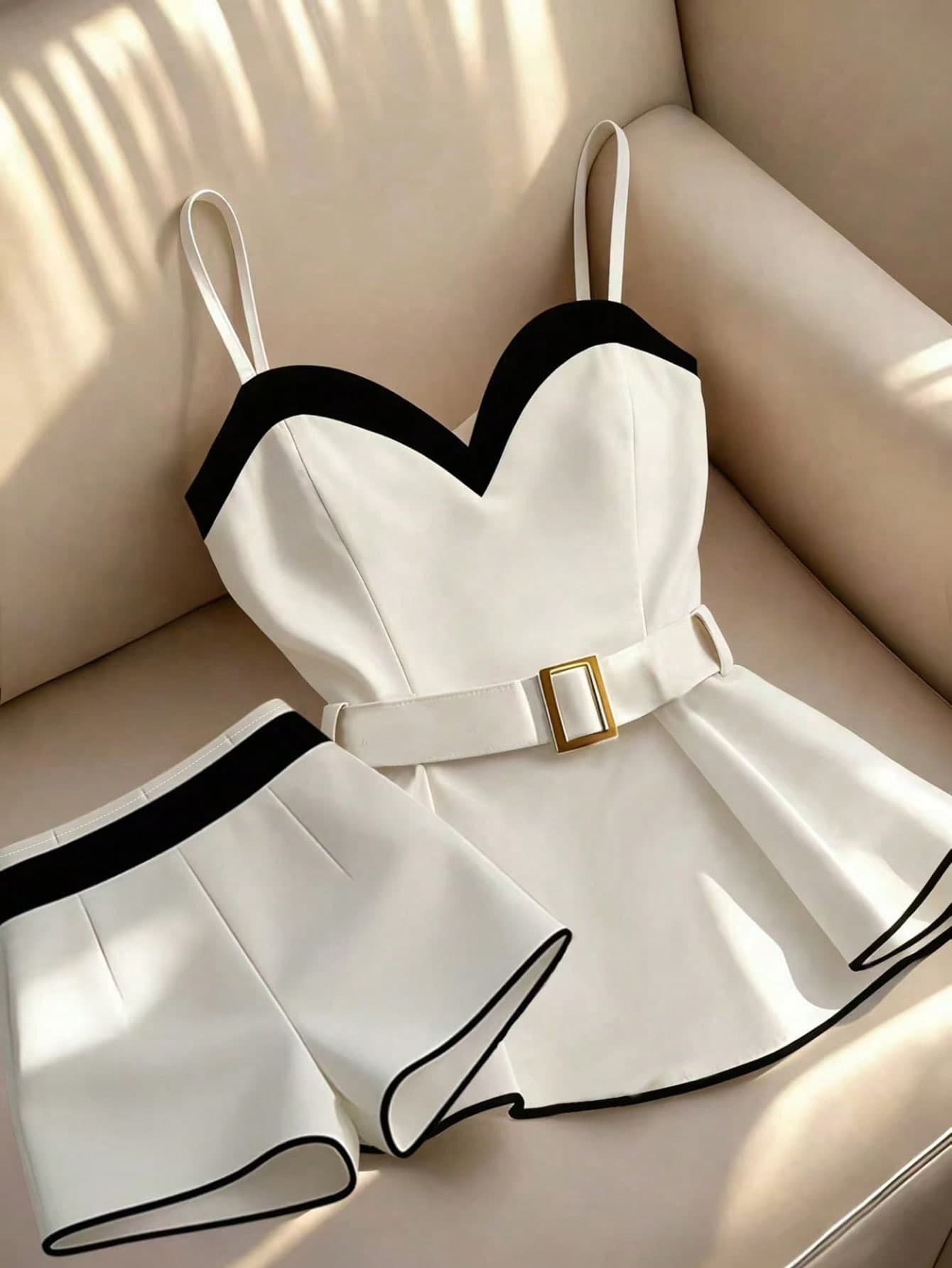 Franclia Women's Black And White 2 Pieces Set,Elegant Sweetheart Neckline Camisole & High-Waisted Shorts With Belt,Summer Commuter Brunch Graduation Attire