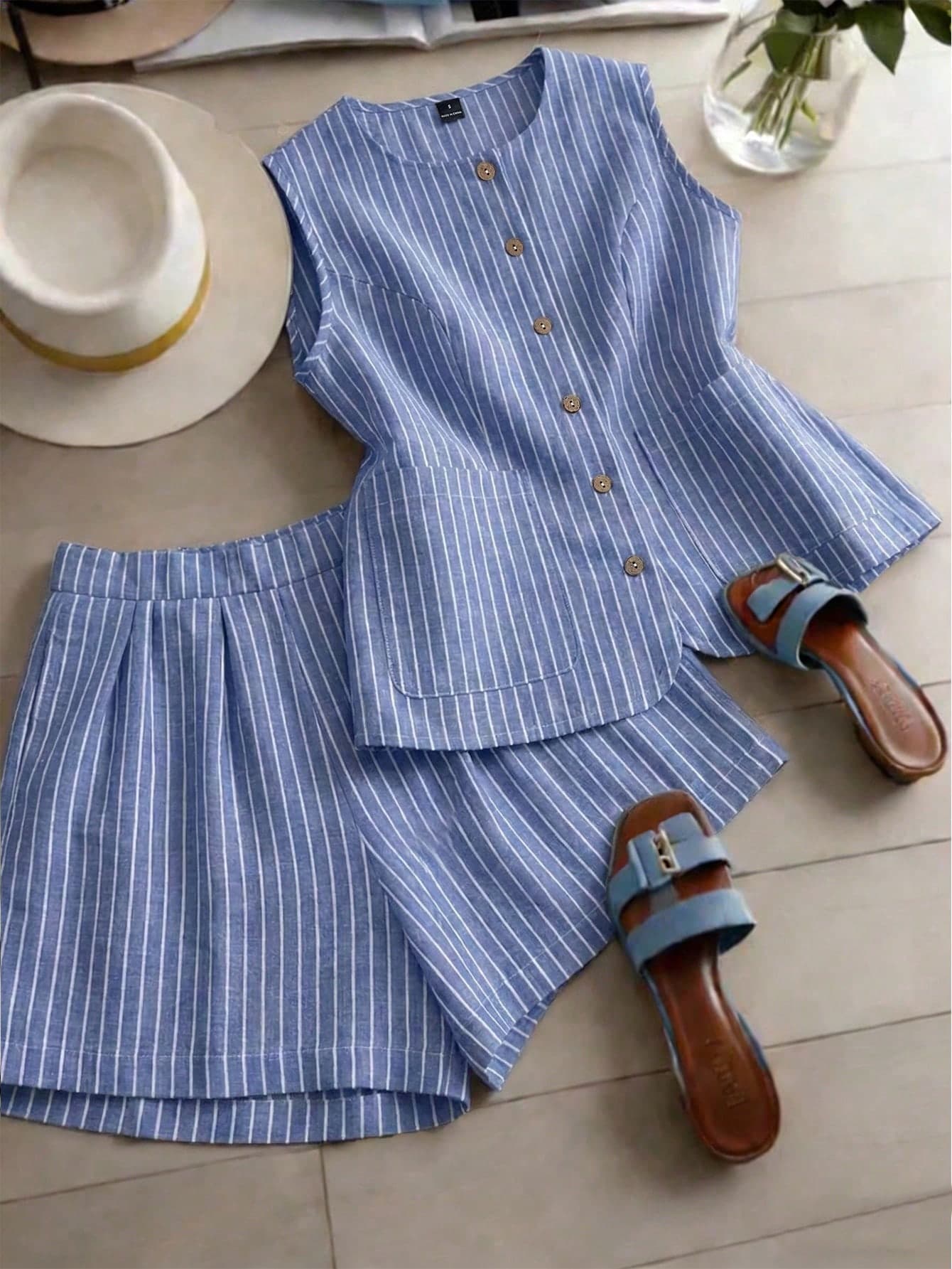GlowEve Women's Woven Summer Blue And White Stripe Two Pieces Set With Elegant Casual French Style Style Holiday Vacation