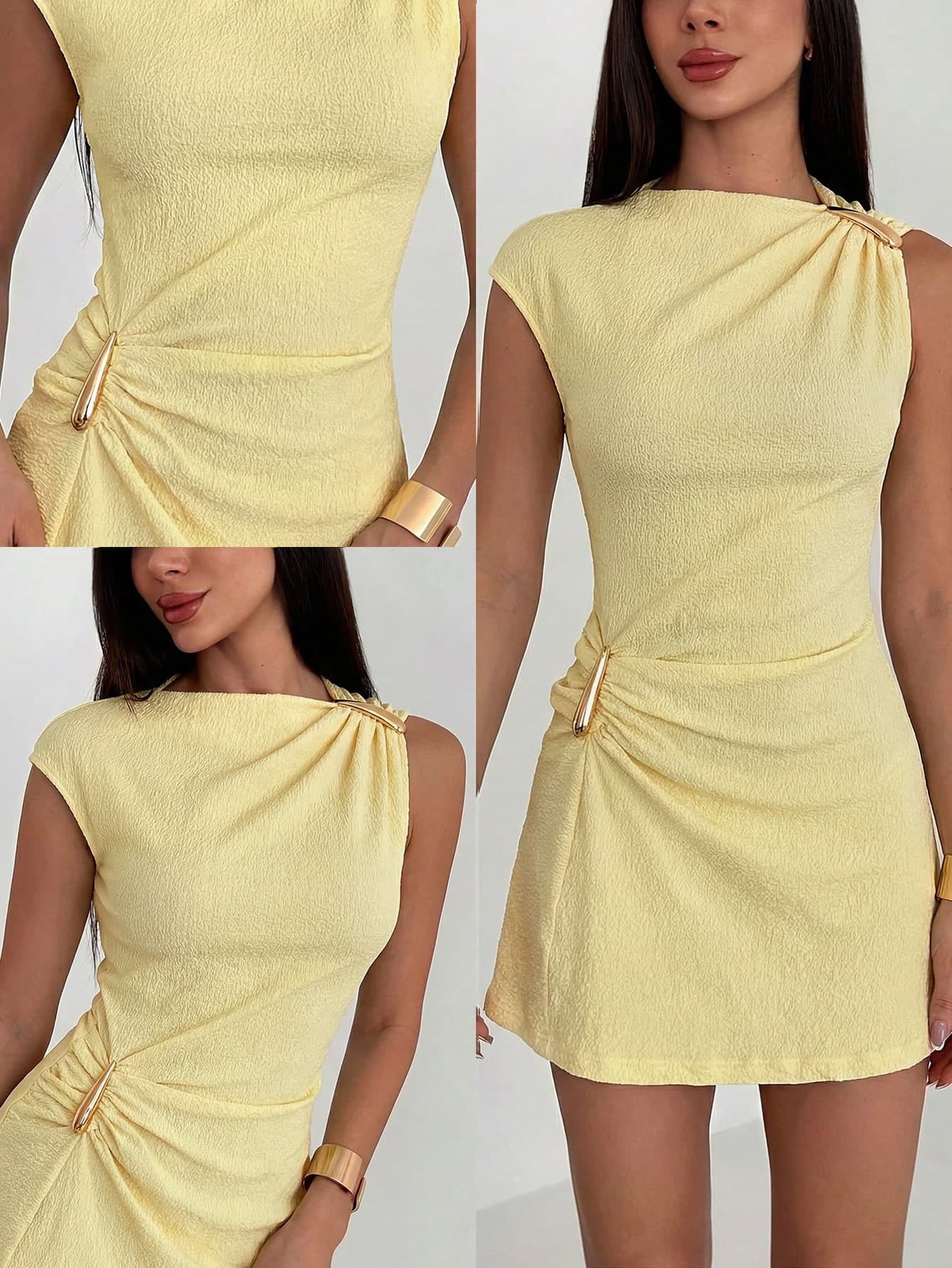 Aloruh Metal Decor Ruched Mini Dress,Casual Elegant For Women,Elegant Women,Summer Dresses, Holiday,Formal Dress,Office Party Outfits Women,Pale Yellow