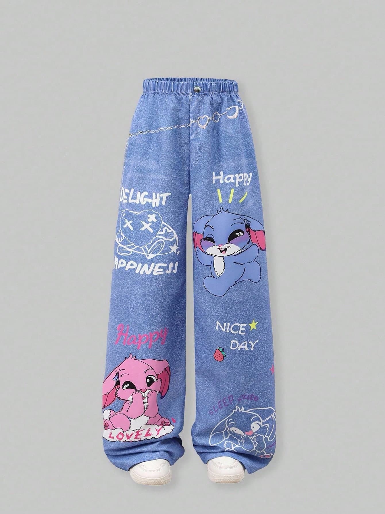SHEIN ChillGRL Teen Girl Cute Cartoon Print Casual Long Pants,Back-To-School Season Kids Street Style College And Campus Sports Wear,Fall Winter Wide Leg Trousers